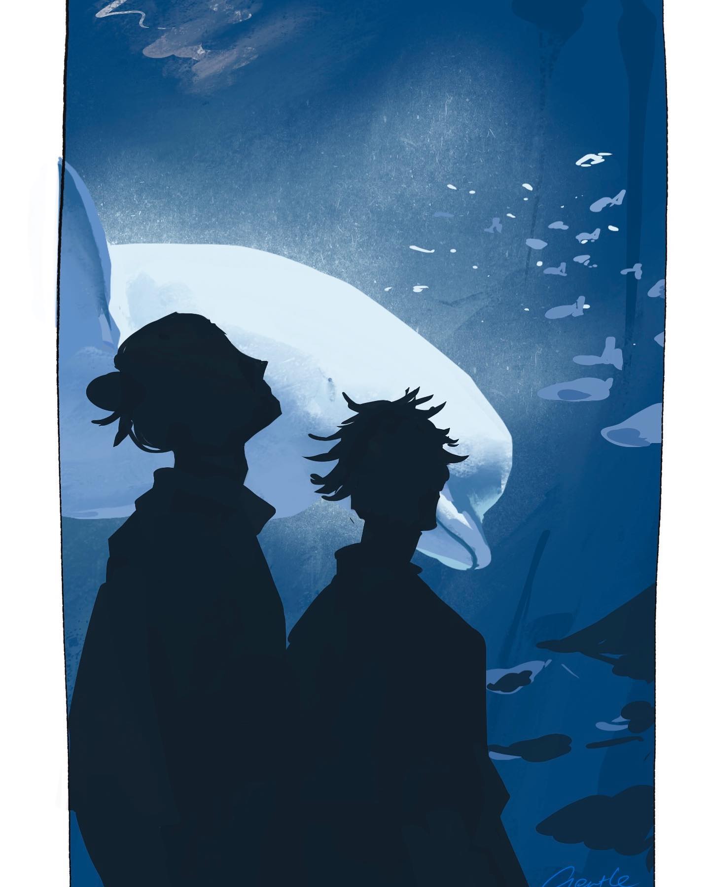 the image is a digital painting or illustration featuring the silhouettes of two people standing sidebyside, seemingly in an aquarium or underwater setting.  they are looking towards a large beluga whale that is partially visible. the background is a deep blue, suggestive of the ocean, with smaller fish subtly depicted. the overall mood is peaceful and contemplative. the style is somewhat painterly and impressionistic, with soft, blended colors. the focus is on the silhouettes, creating a sense of mystery and intimacy.