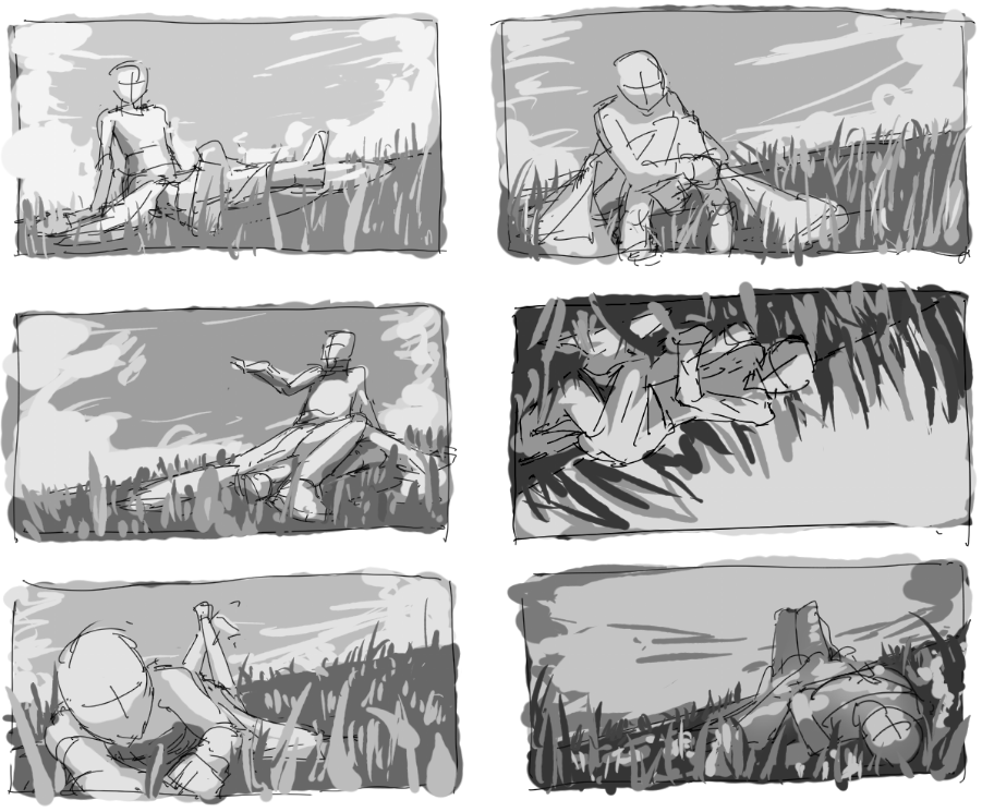 the image is a collection of six grayscale sketches depicting a man in various relaxed poses within a grassy field. the sketches appear to be explorations of figure drawing and pose dynamics. the man is often seen interacting with the environment, either lying down or reaching out. the style is loose and suggestive, focusing on capturing gesture and form. the lighting suggests an overcast day, with soft shadows and a muted atmosphere. the overall impression is one of tranquility and contemplation.