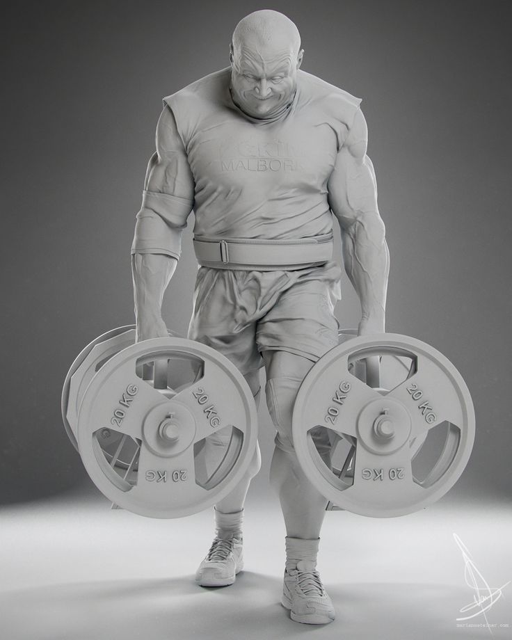a 3d rendered sculpture of a strongman carrying two heavy weight plates in each hand. he is wearing a sleeveless shirt and shorts, and has a determined expression on his face. the background is a neutral gray. the sculpture is rendered in grayscale.
