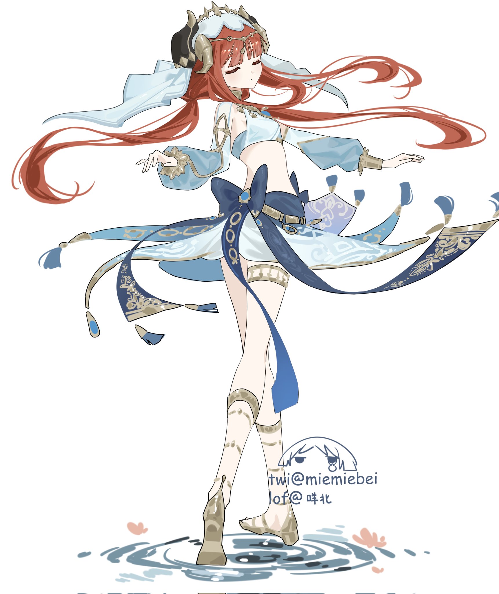 the image is of an anime girl with long red hair. she is wearing a light blue and white outfit with gold accents.  her hair is flowing in the wind, and she is standing in a pool of water with ripples. the background is white. the image is drawn in a soft, delicate style.