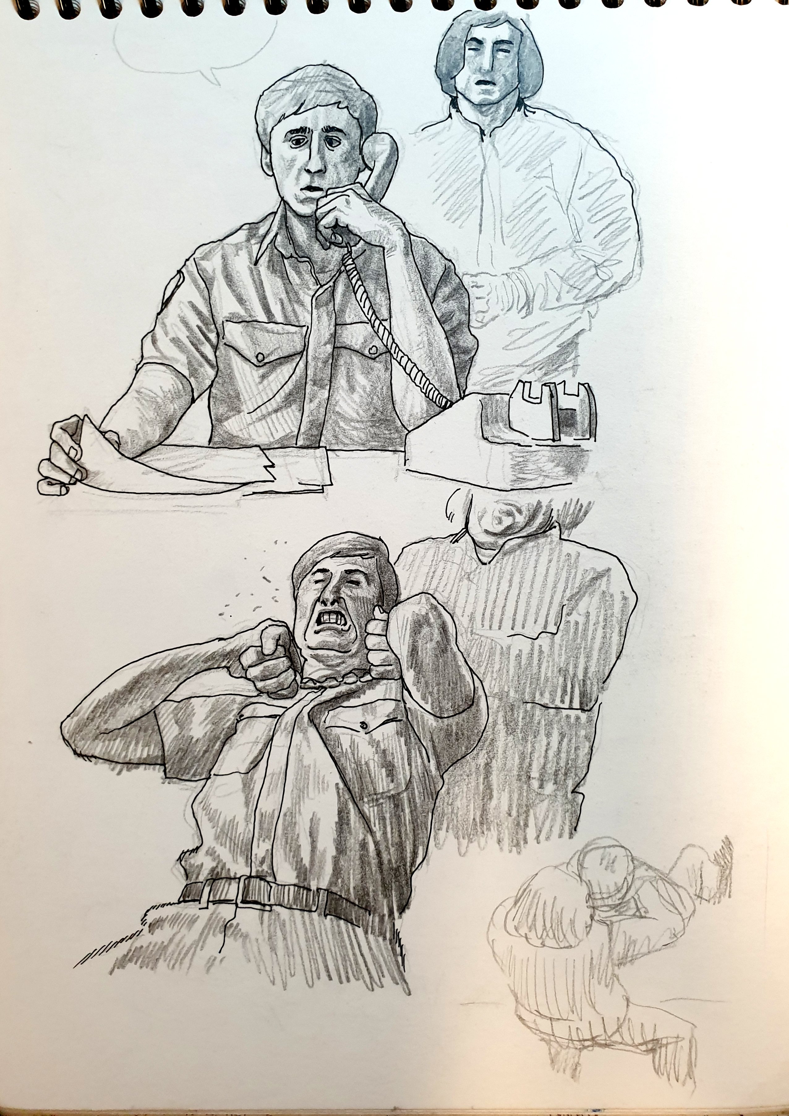 a handdrawn sketch in pencil depicting four men, with a white background. the three men on the top are in a more realistic style, while the bottom man is in a more cartoonish style. they are all drawn in black and white. the man on the left is on the phone, looking worried. the man on the right appears calm, looking straight ahead. in the background, a man looks like he's about to choke another man, who is looking up with a panicked expression.