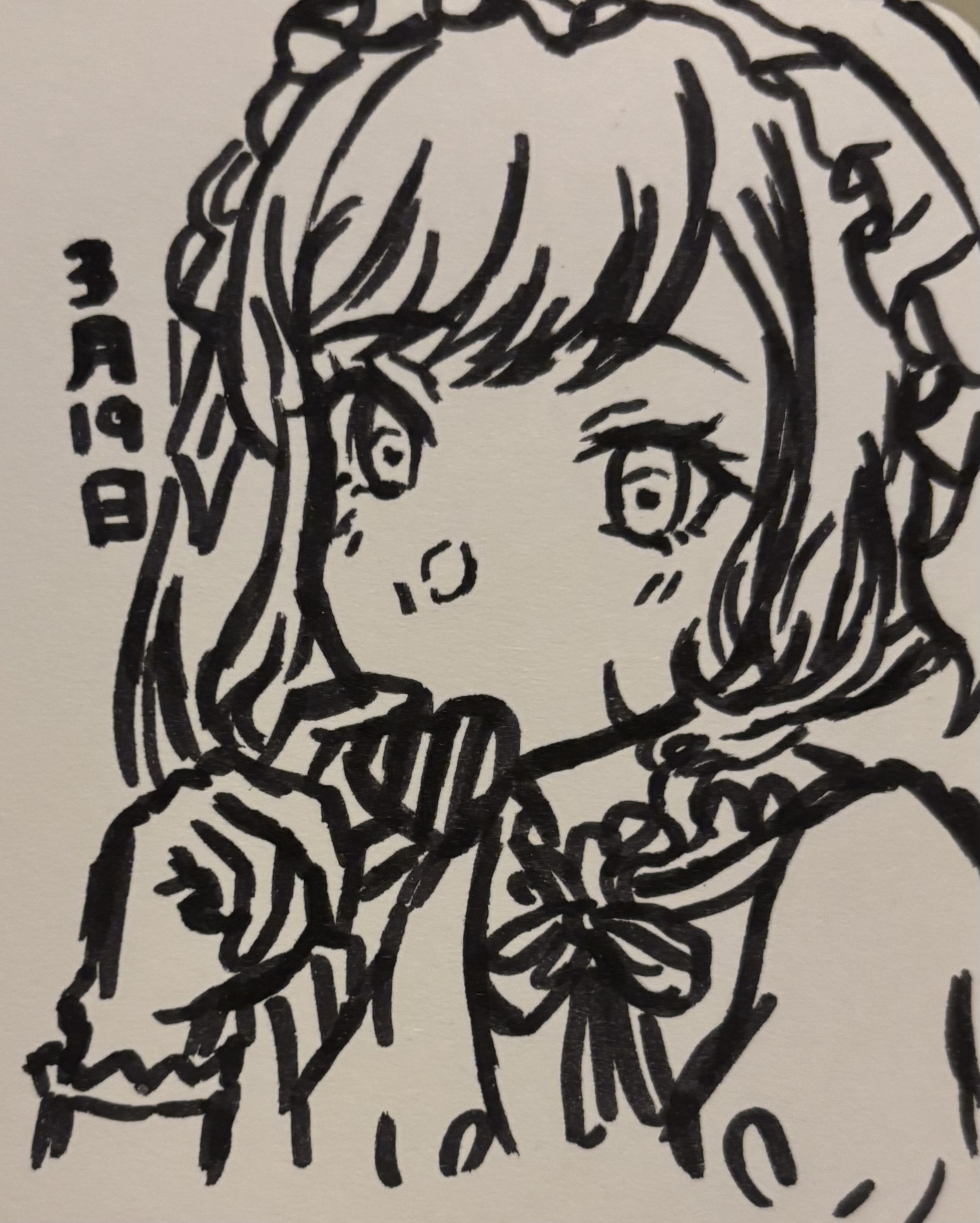 this is a black and white sketch of an anime girl. she has big, expressive eyes and short hair with a ribbon or headband. she is wearing gloves and holding her hand up near her face. the date "march 19th" is written in japanese to the left of her head. the style is similar to manga art.