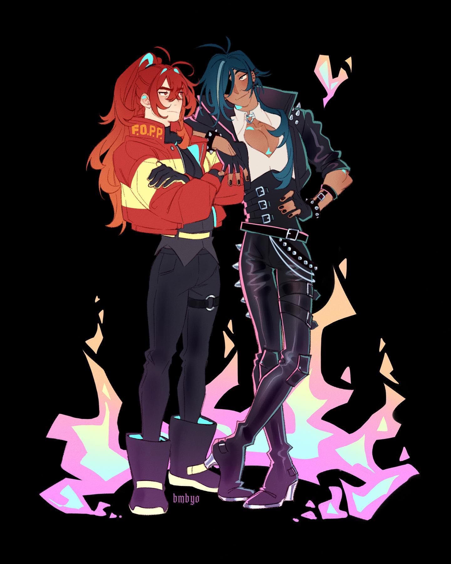 the image is a vibrant digital fanart depicting two animestyle male characters. one character is dressed in a red and yellow firefighter inspired jacket with black pants and boots, the other in a black leather jacket and pants, accented with studs and belts, with black boots.  they stand close together against a background of stylized, pastelcolored flames. the character in the firefighter like jacket has fiery red hair styled in a high ponytail, and the other has dark blue hair. the art style is dynamic and stylish, with strong lines and bold color choices.  there is a small artist's signature "bmkyo" near the bottom.  the overall feeling is one of edgy coolness and possible friendship or companionship.