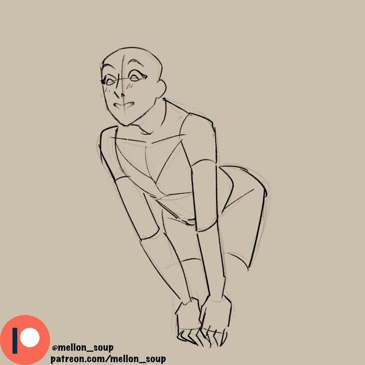 a black and white line drawing of a character bending down with their hands in front of them. the character is drawn in a cartoon style with large eyes and a simple expression. the drawing is incomplete and appears to be in the process of being created.