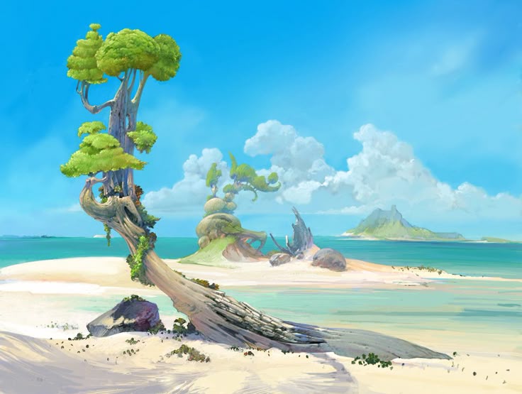 the image is a scenic landscape painting of a tropical beach with unique trees. in the foreground, there is a large tree with a bent trunk and green foliage, extending out onto the sand. the beach stretches out to the turquoise sea, with additional trees and rock formations visible in the midground. in the background, there is an island and fluffy white clouds in the clear blue sky. the overall style is illustrative and fantastical, creating a dreamlike coastal scene.