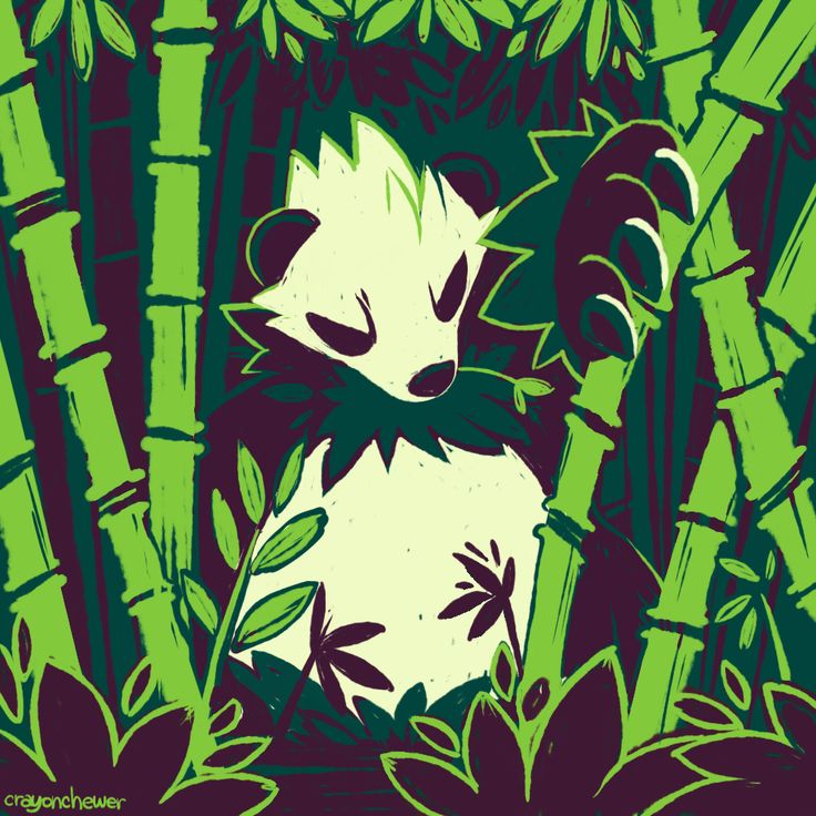 the illustration depicts a stylized panda bear partially hidden amongst a dense grove of bamboo stalks. the artwork is done in a bold, graphic style using primarily shades of green and dark purple/brown. the panda's features are simplified, yet expressive. the overall aesthetic is one of a vibrant, yet slightly mysterious forest scene, with the panda seemingly camouflaged within its environment.  the artist's signature, "crayonchewer," is visible in the bottom left corner. the image evokes a sense of tranquility and harmony with nature.