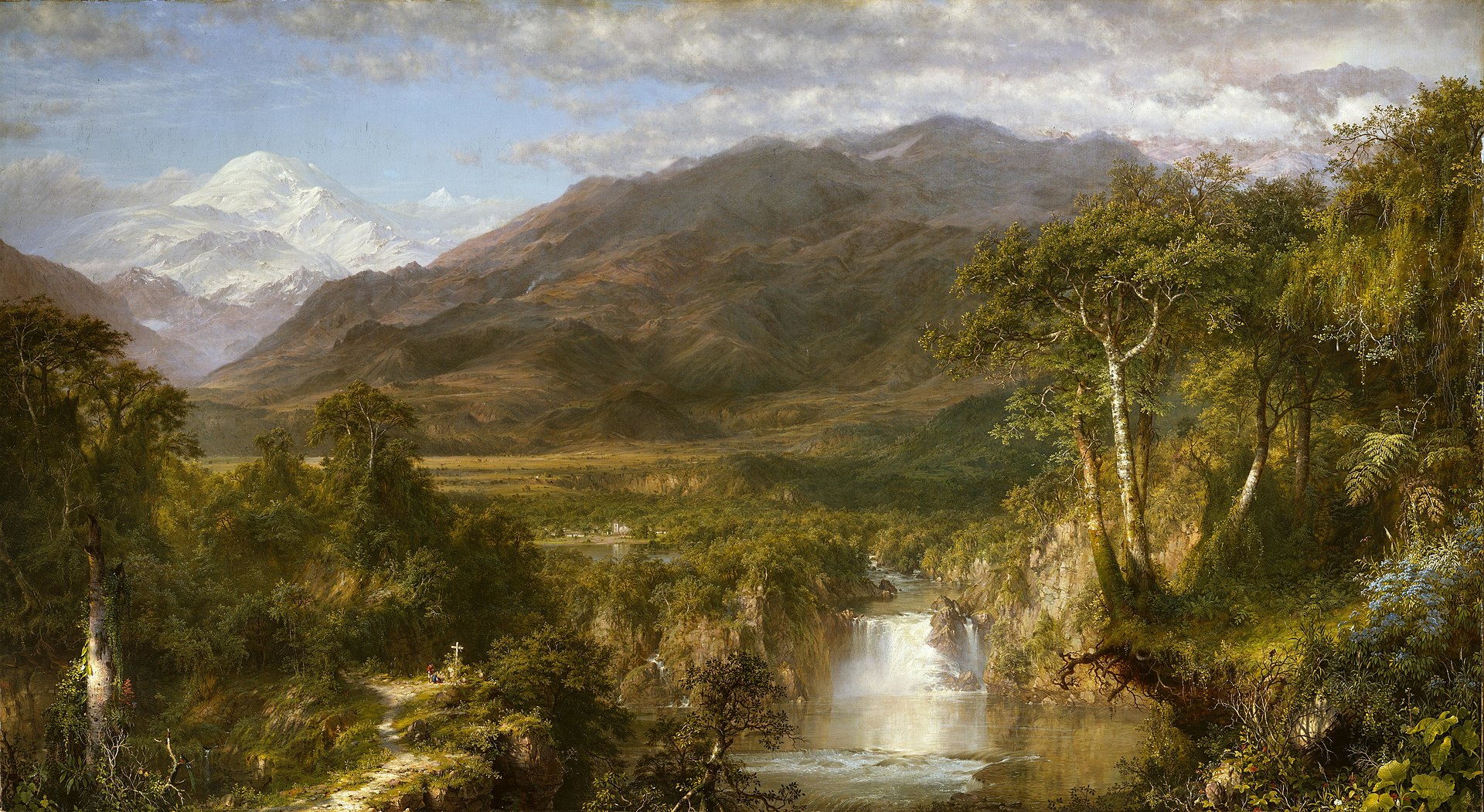 a landscape painting depicts a wide valley with snowcapped mountains in the distance and lush, green vegetation in the foreground. a river flows through the valley, culminating in a waterfall cascading into a pool of water. trees and dense foliage cover the banks of the river and the sides of the valley. a path with a cross is visible on a slope to the left. the sky is filled with clouds, adding to the dramatic and scenic quality of the artwork.