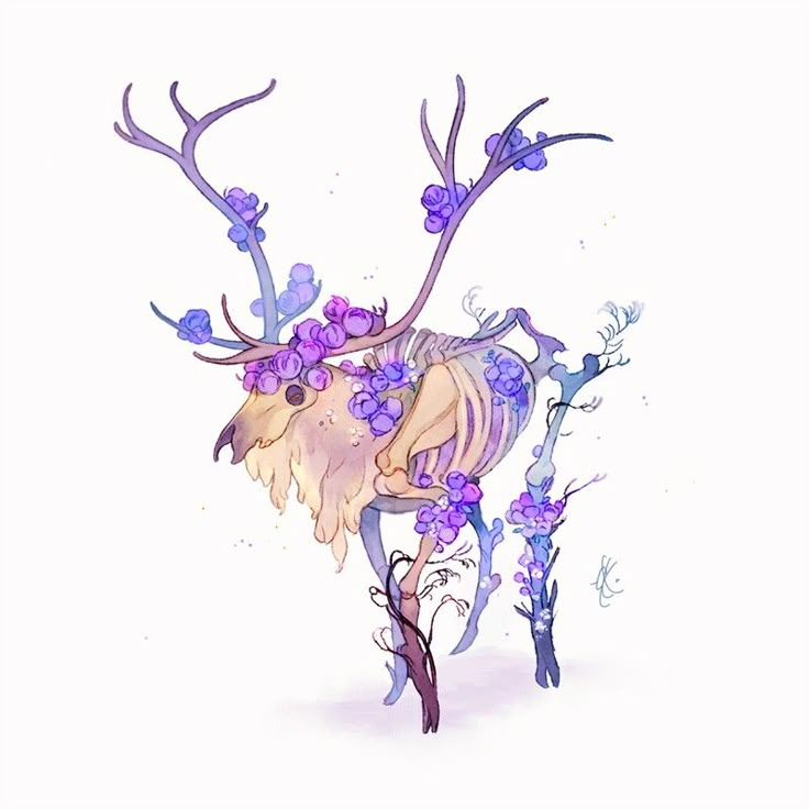 a watercolor illustration depicts a skeletal deer adorned with purple flowers. the deer has prominent antlers, and its body is partially skeletal, with visible ribs and bones. the fur around its head is a soft tan color. purple flowers are scattered across the deer's body and antlers, creating a whimsical and ethereal effect. the artwork has a fantasy and natureinspired feel, with a delicate and artistic touch.