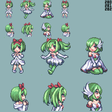 this image is a sprite sheet of a female video game character. she has green hair, red ribbons, white dress and angel wings. there are many different poses of her from multiple perspectives. the art style is pixel art.