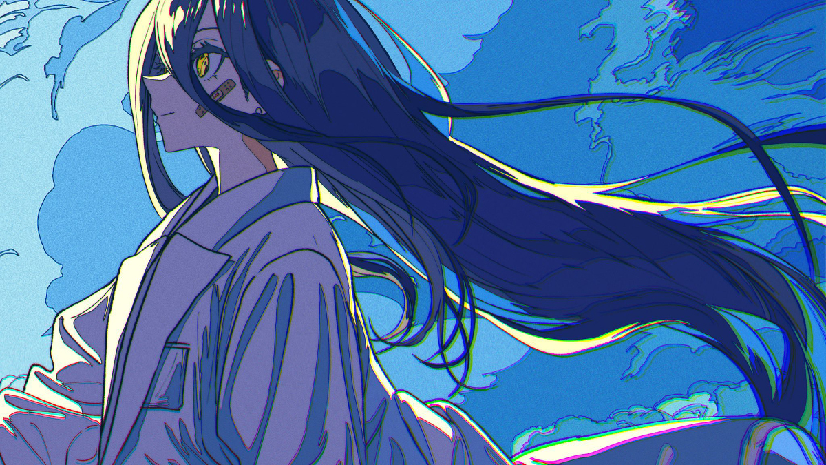 he image is a stylized digital illustration of an anime girl with long, dark hair blowing in the wind. she is wearing a light purple jacket and has bandages on her face. the background is a vibrant blue with abstract shapes and clouds. the overall style is graphic and expressive, with bold lines and colors.  the girl's gaze is directed away from the viewer, creating a sense of movement and mystery. the color palette is dominated by blues and purples, with pops of yellow in her eyes.