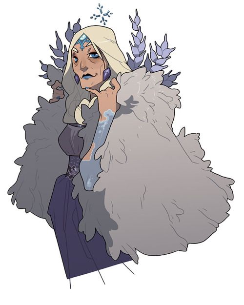this is a digital illustration of a woman with snow white hair. she is wearing a blue and purple dress with a white fur robe. she is holding her hand up to her chin, looking at the viewer with a serious expression. she is adorned with a crown of ice and snowflakes,  and her face is painted with ice and white. the woman appears to be a winter or snow queen, possibly a witch with magical powers.