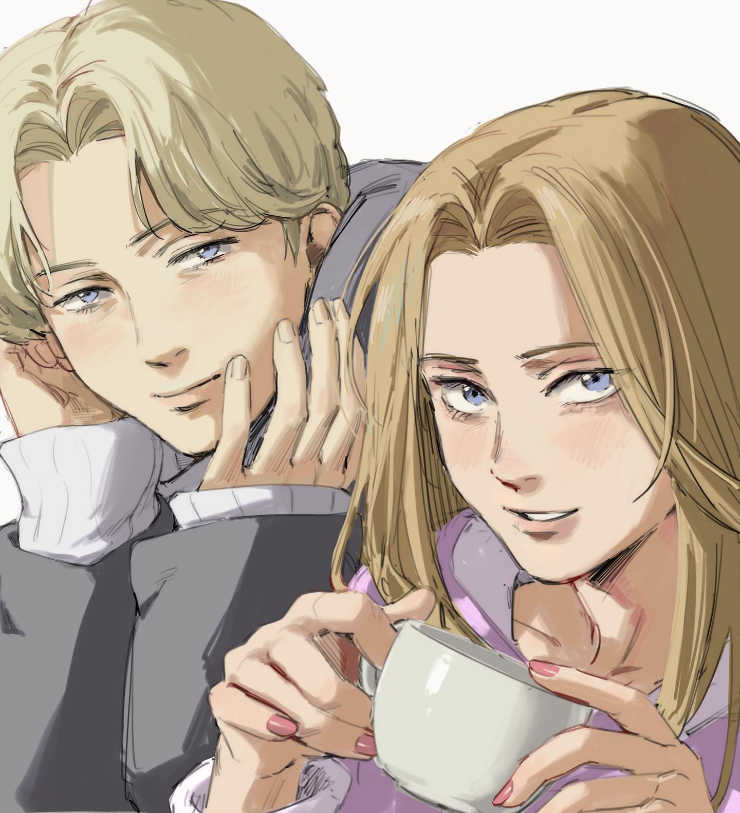 this is a digital illustration of an anime couple. the male is on the left, his face is in the foreground. he is blonde with light grey eyes and is wearing a grey suit with a white undershirt. his head is tilted slightly to the left and his eyes are closed as he smiles warmly. he is looking at the female character. the female is on the right, her back is to the viewer but her head is tilted to face the male character. she is blonde with blue eyes and is wearing a purple sweater with a white undershirt. she has a warm smile as she looks at the male character. they appear to be sitting together at a cafe table, as a white coffee mug can be seen in the foreground.  the art style is cute, with soft lines and muted colors.