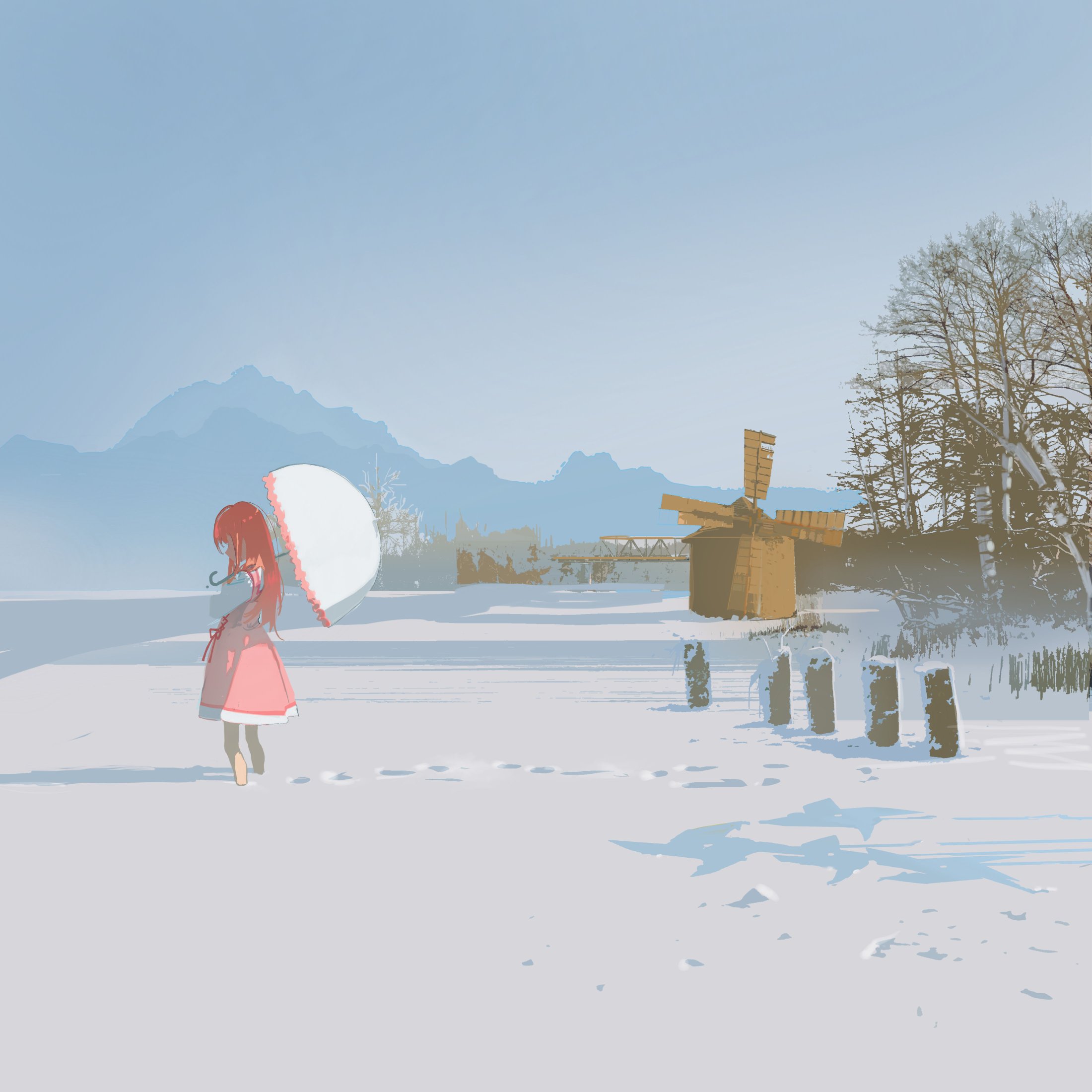 a girl with red hair and a white dress stands in a snowy landscape. she is holding a white umbrella. behind her, a wooden windmill with a brown roof is visible. there are also trees in the background. the sky is blue and the mountains are covered in snow. the overall tone of the image is peaceful and serene.