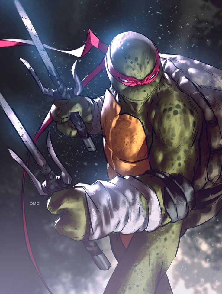 this illustration depicts leonardo, one of the teenage mutant ninja turtles, in a dynamic pose, holding two sai in his right hand. he is positioned in front of a blurred background with a red headband tied around his head.  the image features bold, vibrant colors and a dramatic lighting scheme that accentuates leonardo's fierce expression. it showcases the character's strength, agility, and readiness for battle, creating a sense of action and intensity.