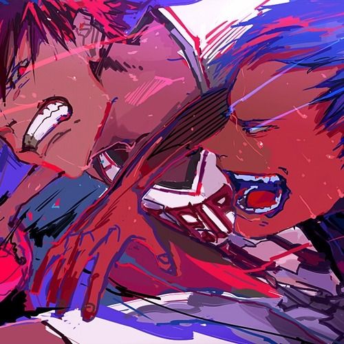 the image is a dynamic and stylized piece of anime or manga fanart depicting a fierce battle between two characters. the artwork is characterized by vibrant, contrasting red and blue hues,  applied with a loose, expressive brush style, giving it an almost painterly feel. the characters are locked in a closequarters struggle, their expressions conveying intense anger and determination. their features are exaggerated, and their movements are blurred, emphasizing the speed and intensity of the fight. the overall style is abstract, focusing on the energy and emotion of the moment rather than strict anatomical detail.  the image creates a sense of chaos and power, capturing a moment of peak conflict.