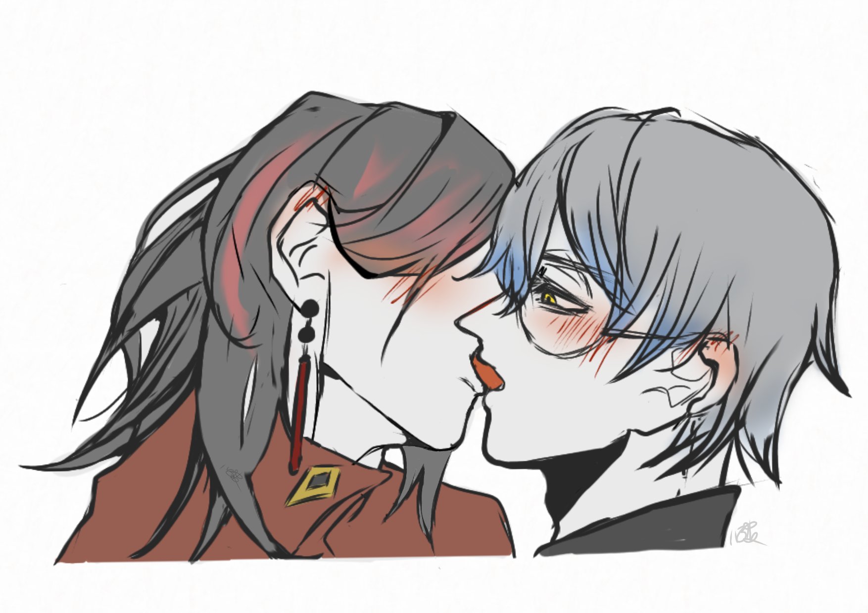a drawing of a couple in a romantic embrace. the woman has long, dark hair and is wearing a red