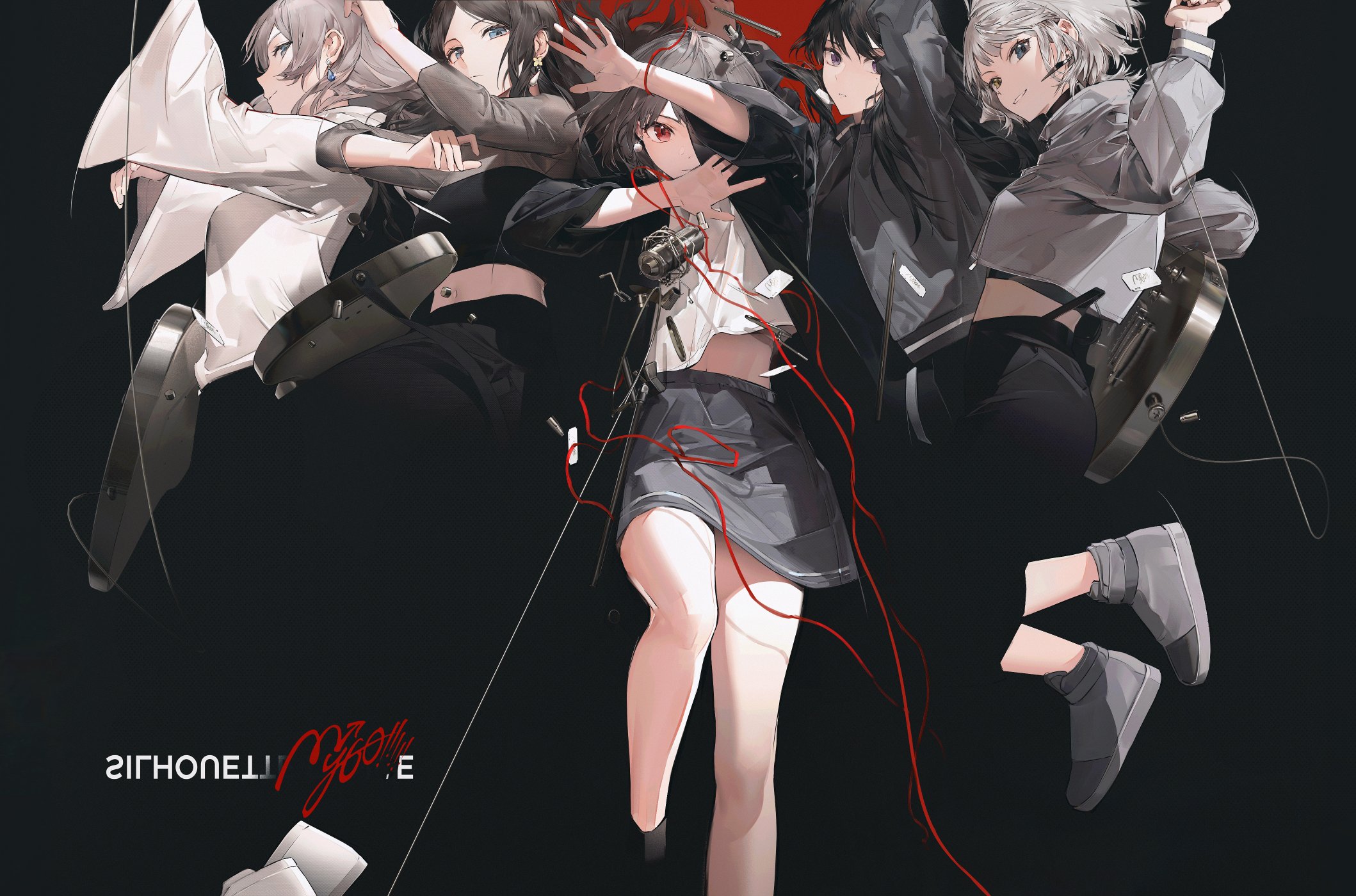 the image depicts a stylized illustration of a fivemember band midperformance. four women and one man are dynamically posed, seemingly suspended in midair against a black background. they are all dressed in trendy, somewhat rebellious clothing, reflecting a youthful and energetic aesthetic.  a microphone wire snakes across the image, connecting to the female vocalist at the center. the overall feeling is one of high energy and passion, amplified by the dramatic lighting and low angle perspective.