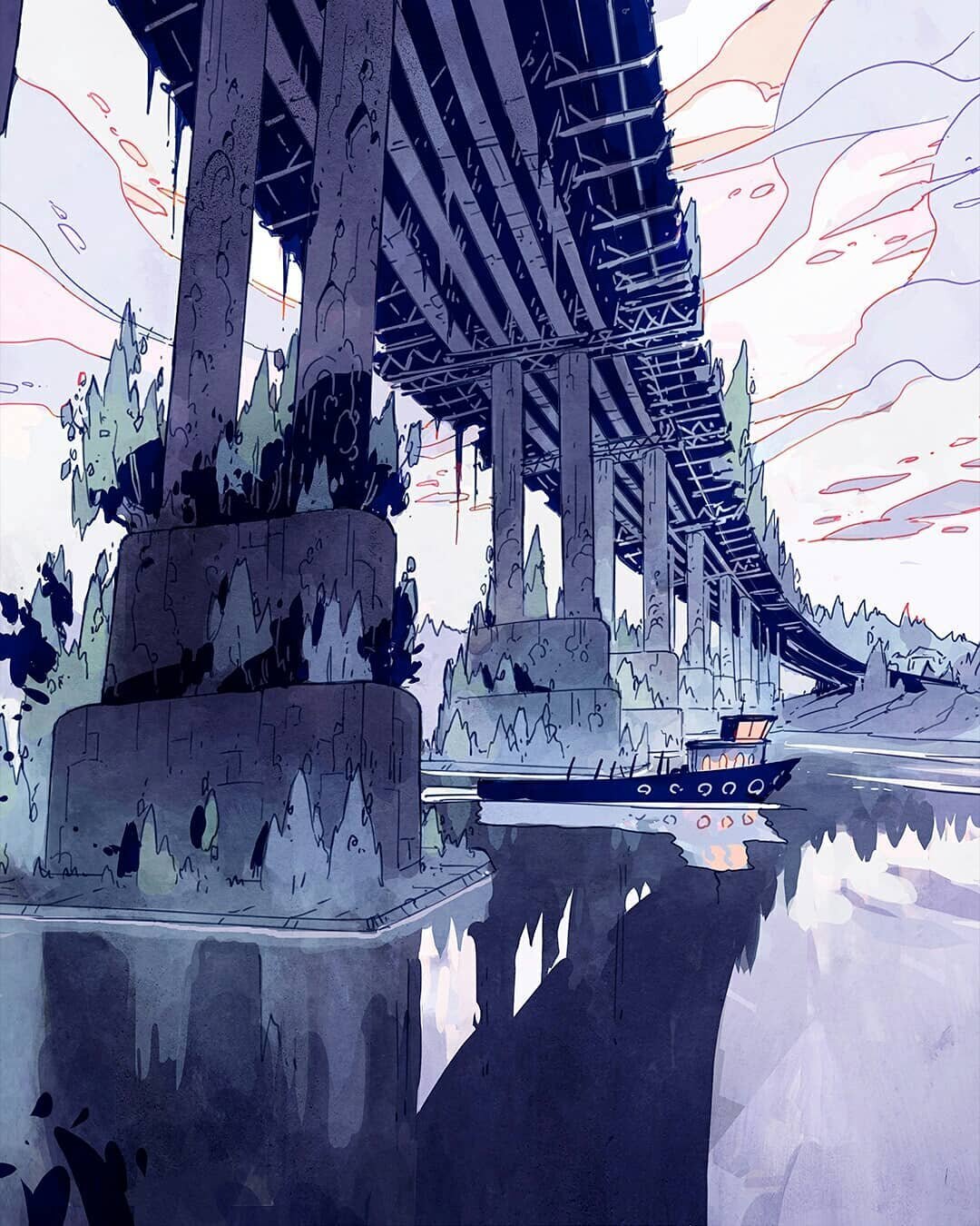 a low angle view of a large bridge that is partially submerged in water. the bridge is made of steel beams and concrete piers.  the water is a dark blue and the sky is a pale pink. the bridge appears to be a cross between a highway overpass and a pier or jetty.  there is a small boat traveling under the bridge. the buildings in the background are obscured by the bridge structure, but there appear to be a variety of tall structures. the overall effect of the image is one of mystery and grandeur.