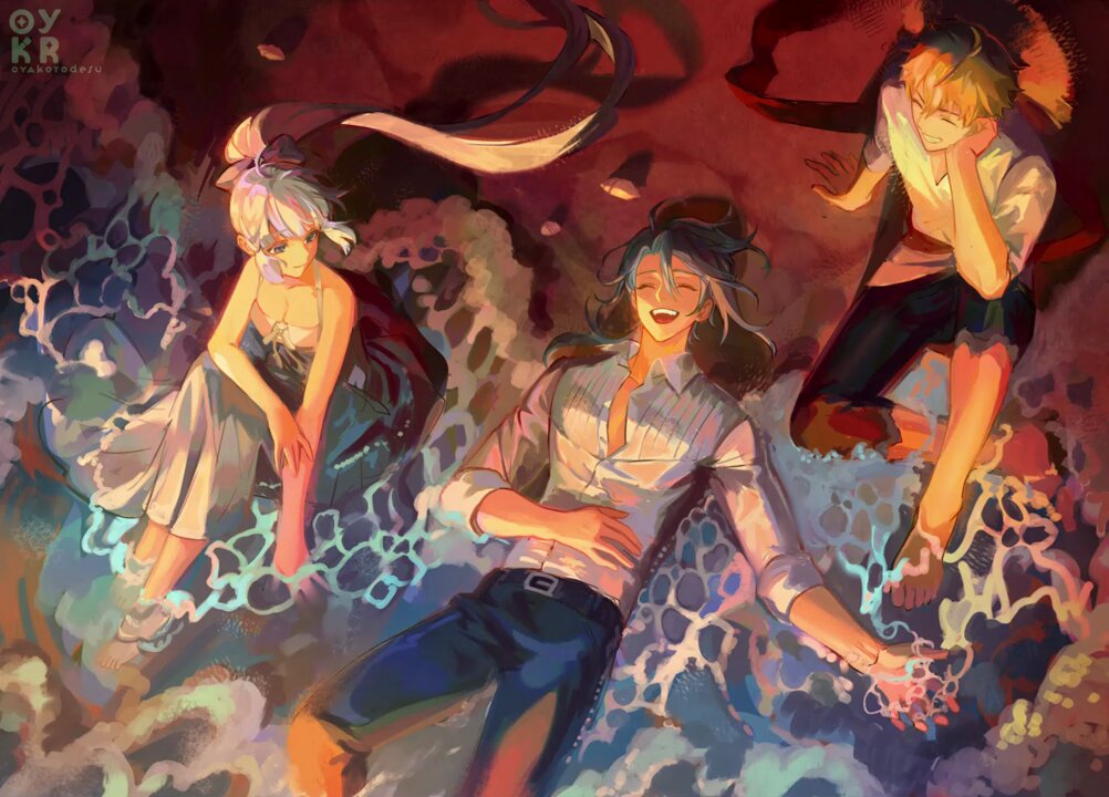 the image is a digital painting of three anime characters, two girls and one boy, on a beach. the girls are wearing dresses, while the boy is wearing a shirt and pants. they are all smiling and appear to be having a good time. the background is a sunset sky with clouds and the ocean. the waves are crashing on the shore, and the sand is wet. there is a magical effect to the image, with sparkles and light effects. the style of the painting is whimsical and playful, with bright colors and bold lines. the overall message of the image is one of joy and happiness.