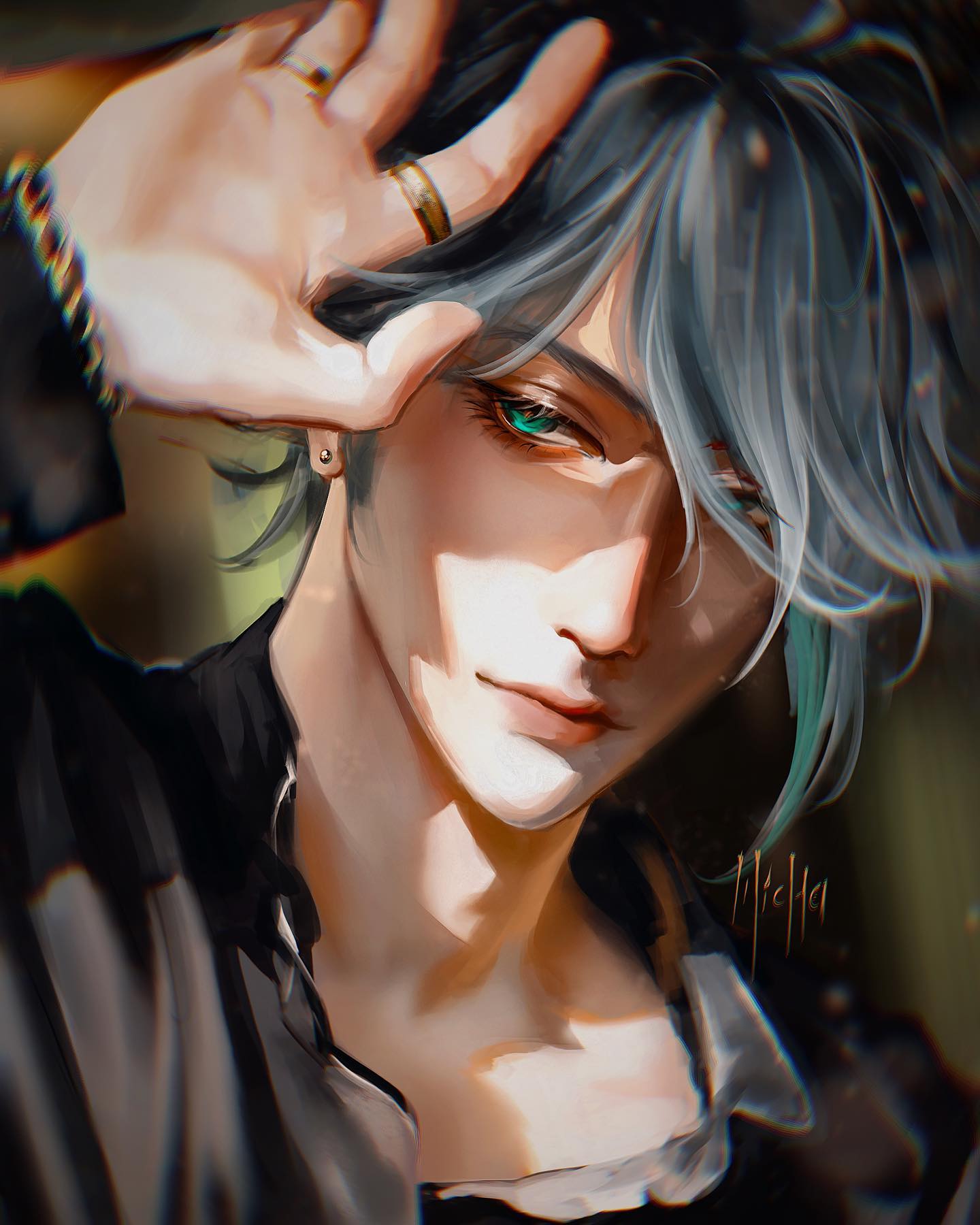closeup digital painting of a handsome animestyle boy with silver hair and striking green eyes.  he's wearing dark clothing and has rings and an earring. his hand is raised to his face, partially shielding his eyes from the light, creating a dramatic effect with strong shading and highlights. the overall style is artistic and stylized, with a focus on mood and atmosphere.