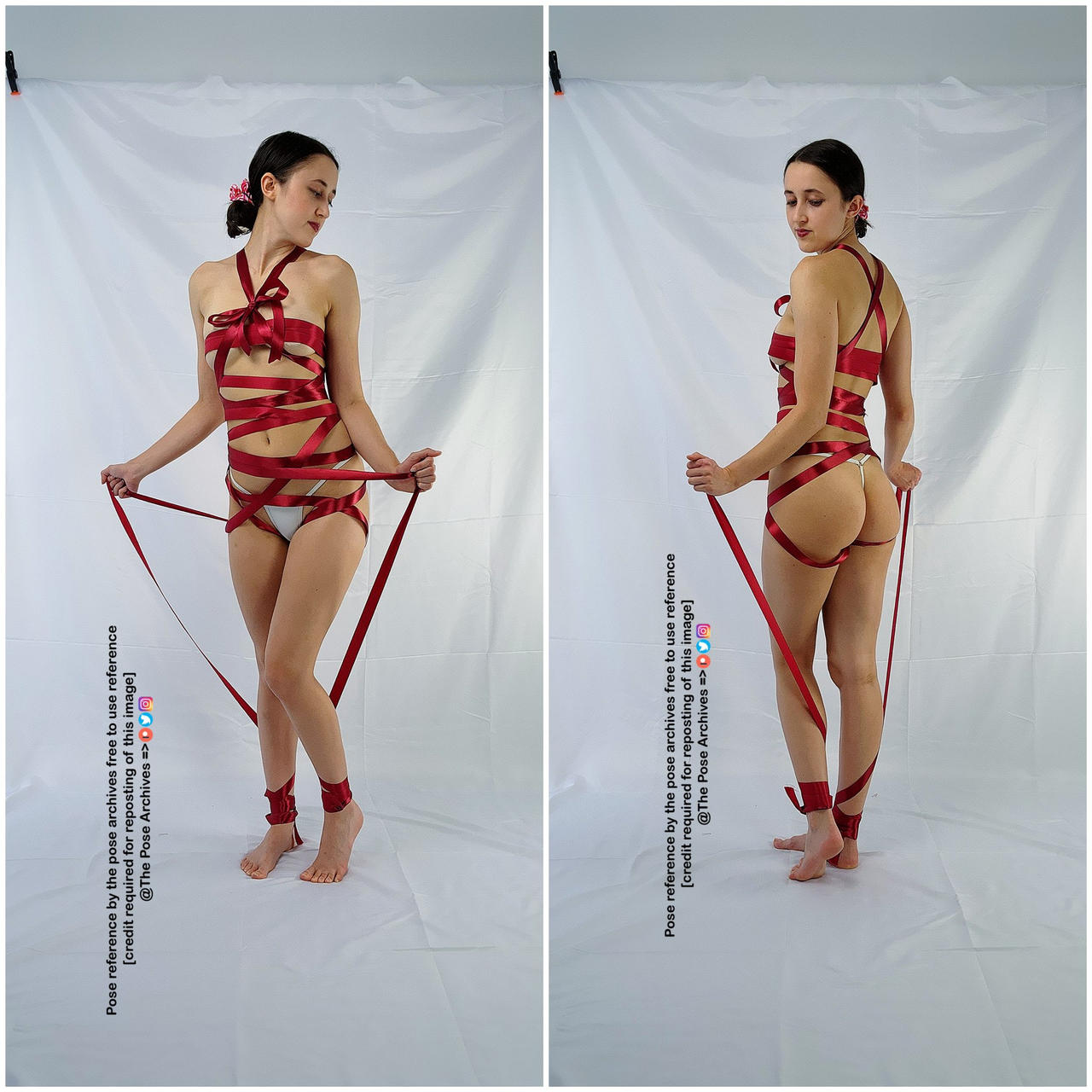 a woman is posing in a studio setting, her body wrapped in red ribbon. she is wearing white underwear and has her hair styled in a halfupdo with a red bow. the image is a reference for artists, and the background is white.