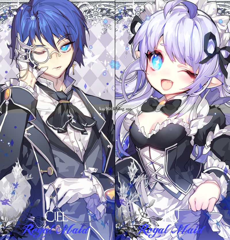 the image is a digital illustration of two anime characters. on the left, a boy with blue hair and a monocle is dressed in a black and white butler uniform. on the right, a girl with purple hair is wearing a black and white maid outfit with a white lace apron. both characters are smiling and have large, blue eyes. the background is a purple and blue gradient with silver snowflakes.