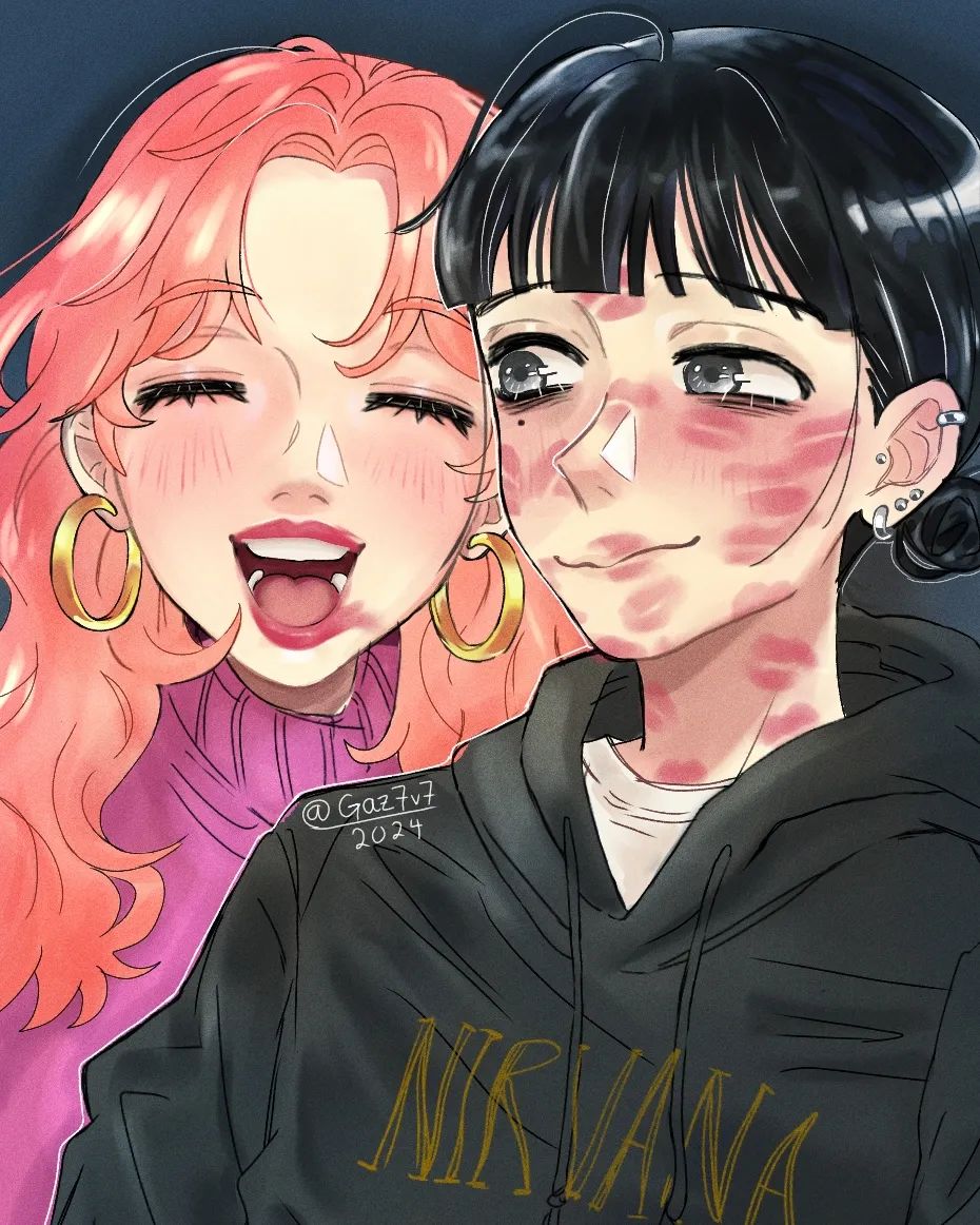 the image shows two anime girls, one with long pink hair and a pink sweater, and the other with short black hair and a black hoodie with a nirvana logo. both girls are blushing and smiling at each other with their eyes closed. the girl with the pink sweater is showing her teeth, and the girl with the black hoodie is looking slightly down at her friend. both girls have red lips and cheeks.