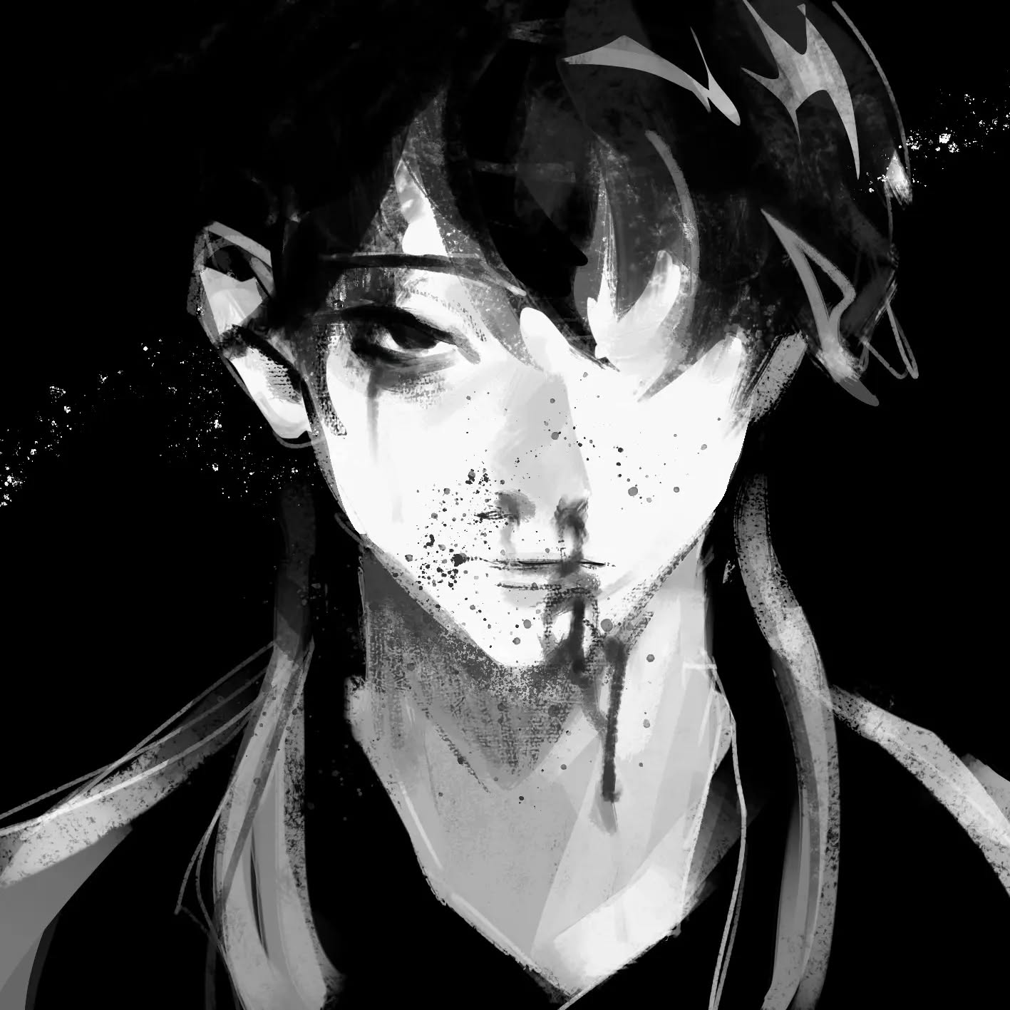 the image is a closeup, black and white digital painting or illustration of an animestyle boy's face.  his expression is serious and perhaps melancholic.  his face is partially obscured by his dark hair, and there are splatter marks resembling blood on his face and neck, suggesting injury or violence. the style is dark, textured, and dramatic, with strong use of contrast and shadow.  the overall mood is intense and unsettling.
