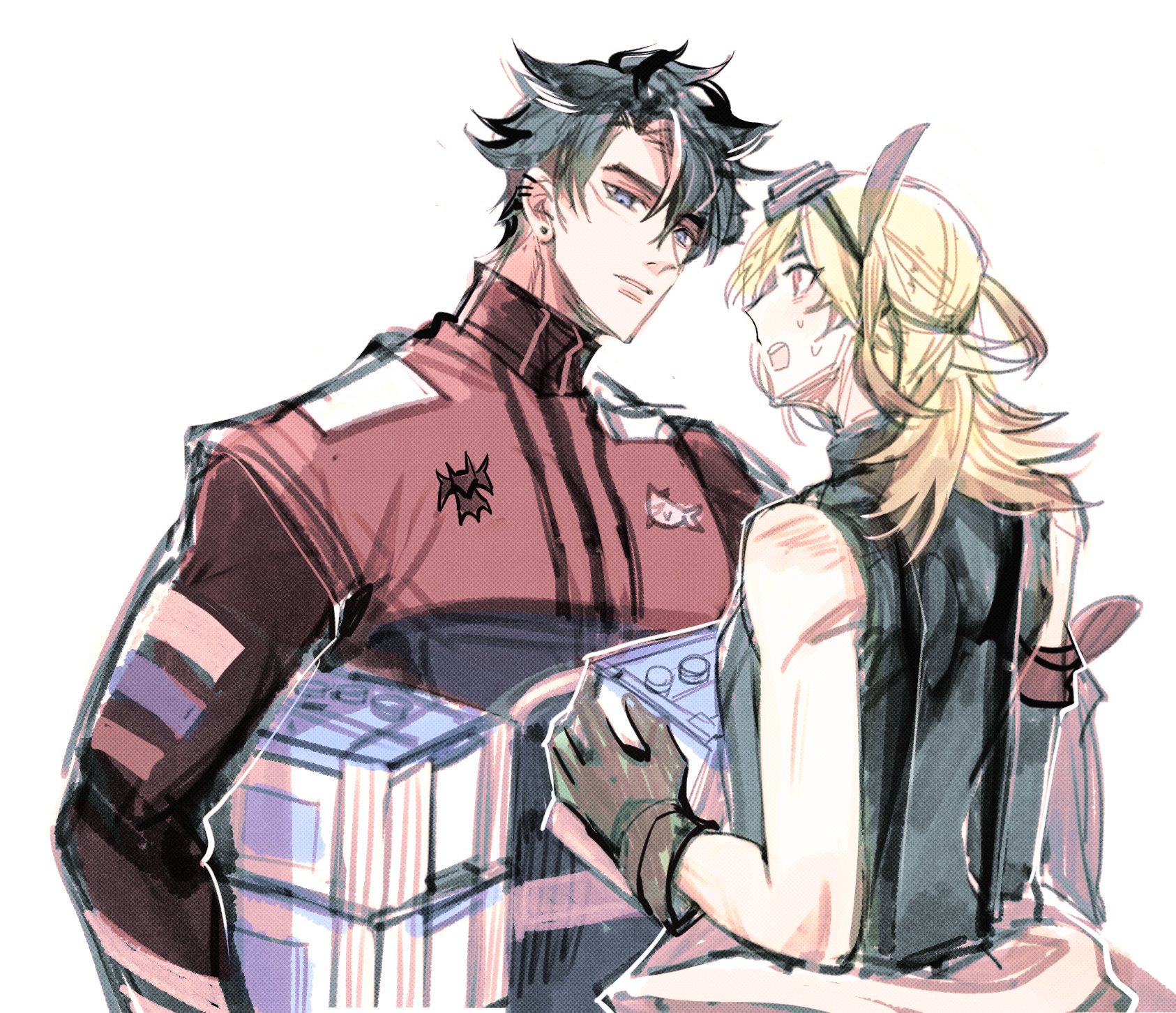this is a digital illustration of two anime characters. the male character is wearing a red jacket and has black hair and blue eyes. the female character has blonde hair and brown eyes and is wearing a black shirt. they are looking at each other and smiling. they are holding something in their hands and appear to be happy. they seem to be a couple. the image is drawn in a manga style with colorful shading and highlights. it looks cute and romantic.