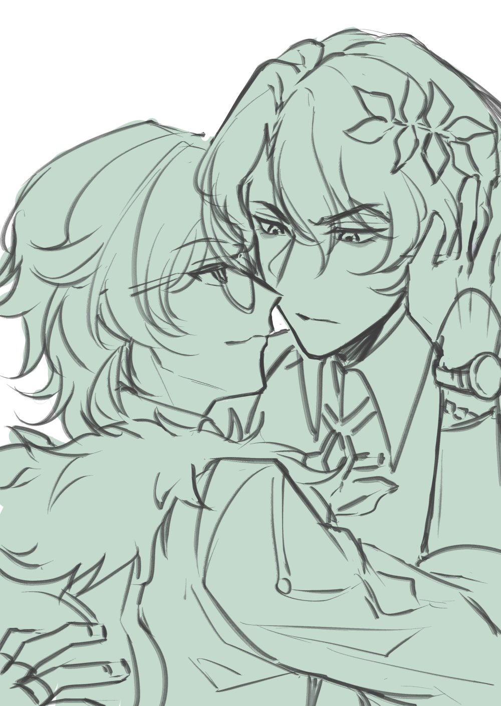 a sketch of two young men, one with long hair and a flower in it and a watch on his wrist, gently holding the other who is wearing glasses. they are close together and their faces are almost touching, suggesting affection and intimacy. the soft lines and pale colors create a romantic and delicate atmosphere.