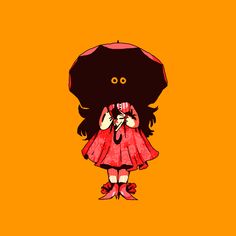 a cartoon girl with long black hair hiding her face with a black umbrella. the background is orange. she's wearing a short red dress and red shoes.