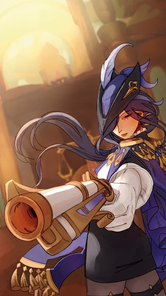 he image showcases a stylized animestyle female character. she possesses dark purple hair and wears a unique steampunkinspired outfit. this attire includes a blue and gold dress with intricate detailing, a hat adorned with a feather, and noticeable goldtoned accessories.  her most prominent feature is a large, ornate, steampunkstyle cannon that she is holding and aiming. the character's expression is serious and determined. the background depicts a dimly lit interior, possibly a courtroom, suggesting a narrative of justice or legal intrigue. the art style is highly detailed, with rich colors and a focus on the character's costume and weaponry. the overall aesthetic is a blend of fantasy and steampunk elements.