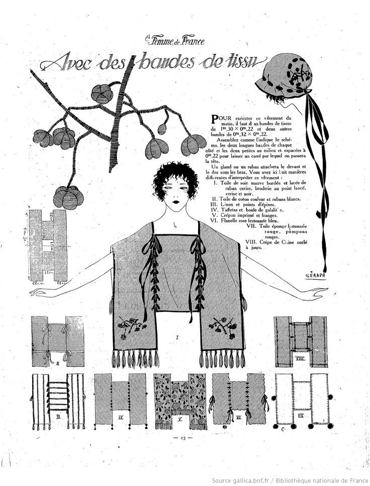this image is a vintage fashion illustration and advertisement from "femme de france." it showcases a garment made "avec des bandes de tissu" (with strips of fabric) and provides instructions for its creation. the illustration features a woman wearing the garment, along with various design patterns and variations. the text explains the fabric requirements and design details, while the overall image evokes a sense of early 20thcentury fashion and style.