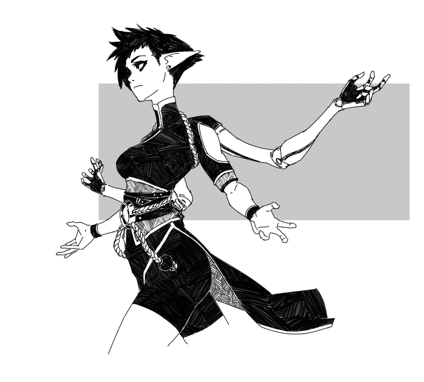 the image is a black and white ink drawing of a female fantasy character. she appears to be an elf or similar creature, with pointed ears and dark hair styled upward. she is wearing a dark, formfitting outfit that looks both futuristic and fantasyinspired, accented with ropelike detailing. her most striking feature is her extra, roboticlooking arm that extends from her back, ending in a handlike appendage. the character is depicted in a dynamic pose, her limbs outstretched as if she is midaction. her expression is serious and focused. the background is a simple, light gray rectangle. the overall style is reminiscent of anime and manga, with a strong focus on linework and shading to create depth and form. the image exudes a sense of power and grace.