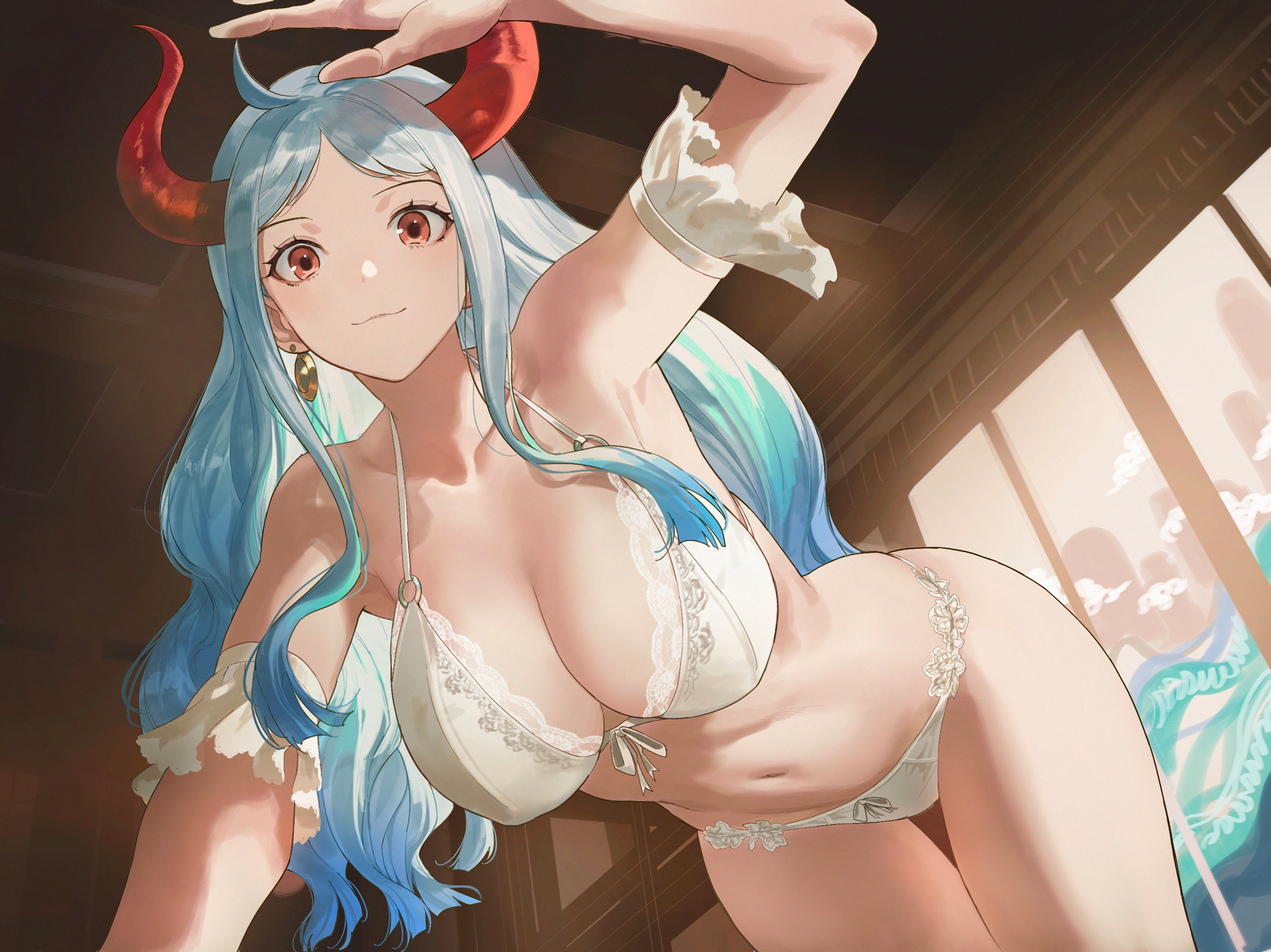 an anime girl with red horns and light blue hair is wearing a white lace bikini. she also has gold earrings. her skin is fair.