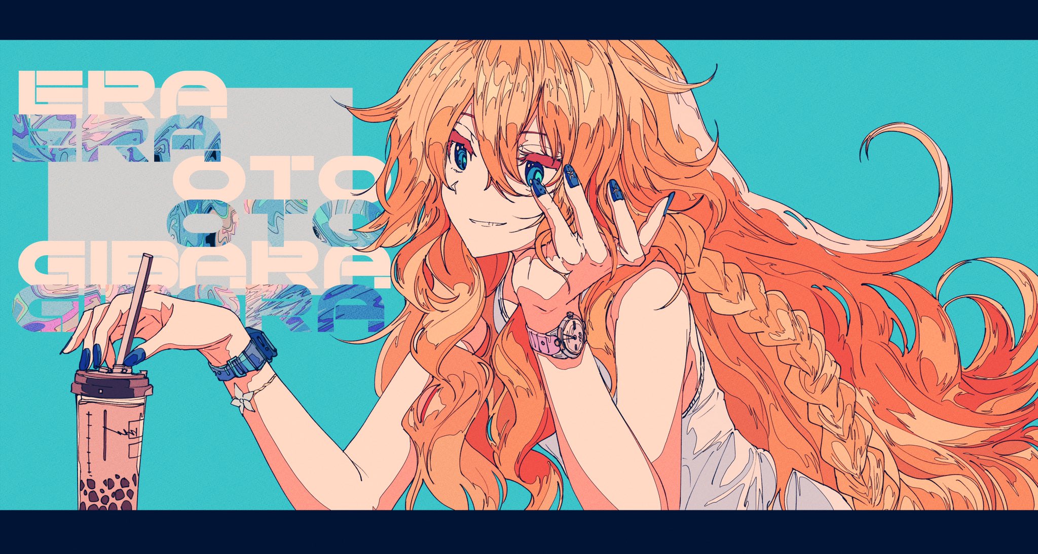the image is a stylized digital illustration of an anime girl with long, orange hair styled in a braid. she has blue eyes and is wearing a casual white top. she is holding a cup of boba tea with a straw and is looking playfully at the viewer. her nails are painted blue.  the background is turquoise, with a stylized text overlay that seems to be a brand name or title. the overall style is trendy and colorful, with a focus on the character's expressive features and vibrant hair.