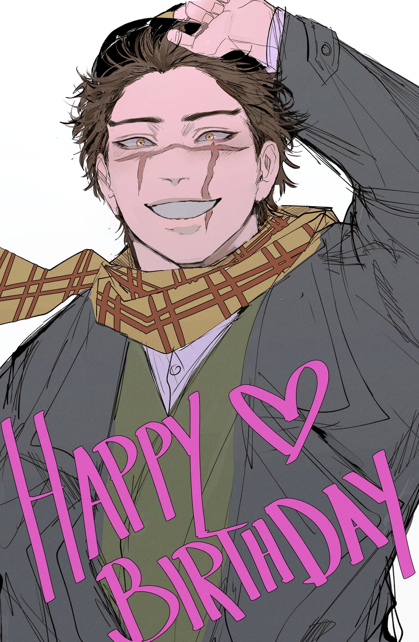 a digital art illustration of a young man with brown hair, wearing a stylish scarf, jacket, and a vest. he is smiling and the caption is "happy birthday" in pink. the image is a birthday greeting.