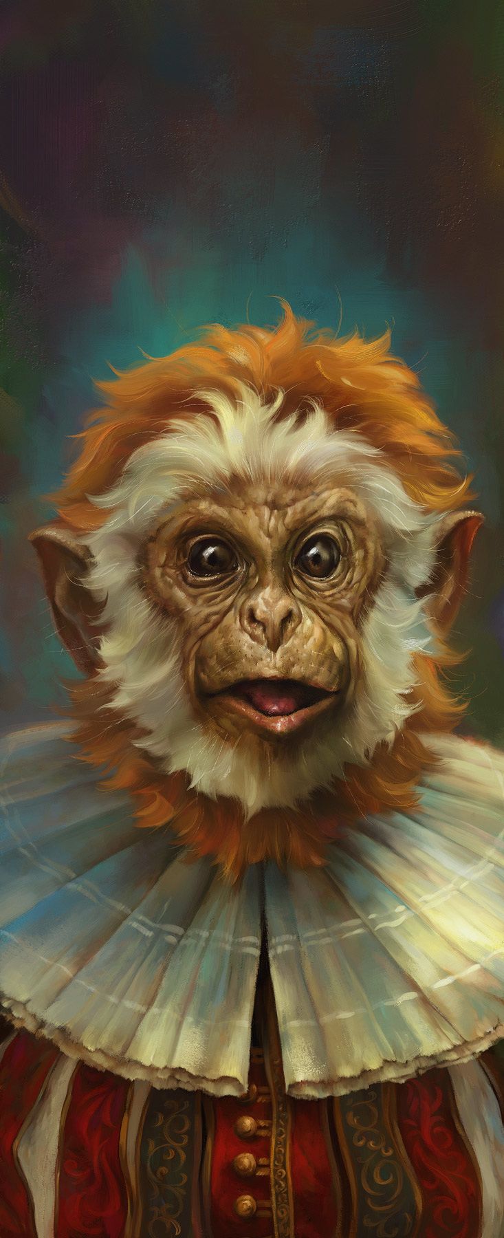 a digital painting shows a closeup portrait of a monkey dressed in a renaissancestyle costume. the monkey has light brown fur on its face, with a white and orange mane and fur around the face and neck. it has large, expressive eyes and a slightly open mouth. the monkey is wearing a large, ruffled white collar and a red and gold patterned jacket with gold buttons. the background is a soft, blurred mix of blues, greens, and purples. the artwork is detailed and realistic, giving the monkey a regal and slightly humorous appearance.