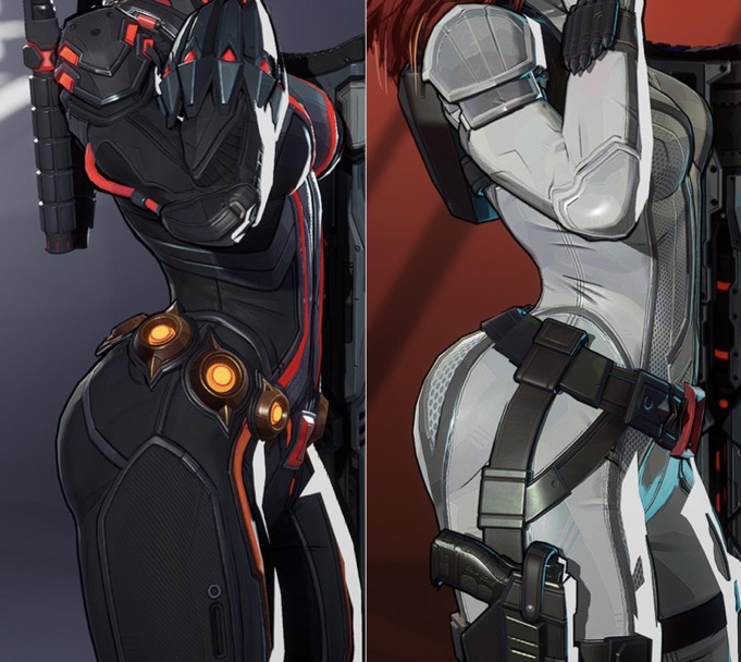 the image shows a split view of two female characters from a video game, each showcasing a different design aesthetic. on the left is a character in a dark, black and red armored suit with glowing orange details. the suit is formfitting and shows off the character's physique. on the right, a second female character is depicted in a sleek, white suit with dark gray accents. this suit is similarly formfitting, with a visible holster and other tactical gear. both suits are highly detailed and futuristic in style, and the characters' poses emphasize their bodies. the overall art style is consistent with concept art for video games or other similar media.