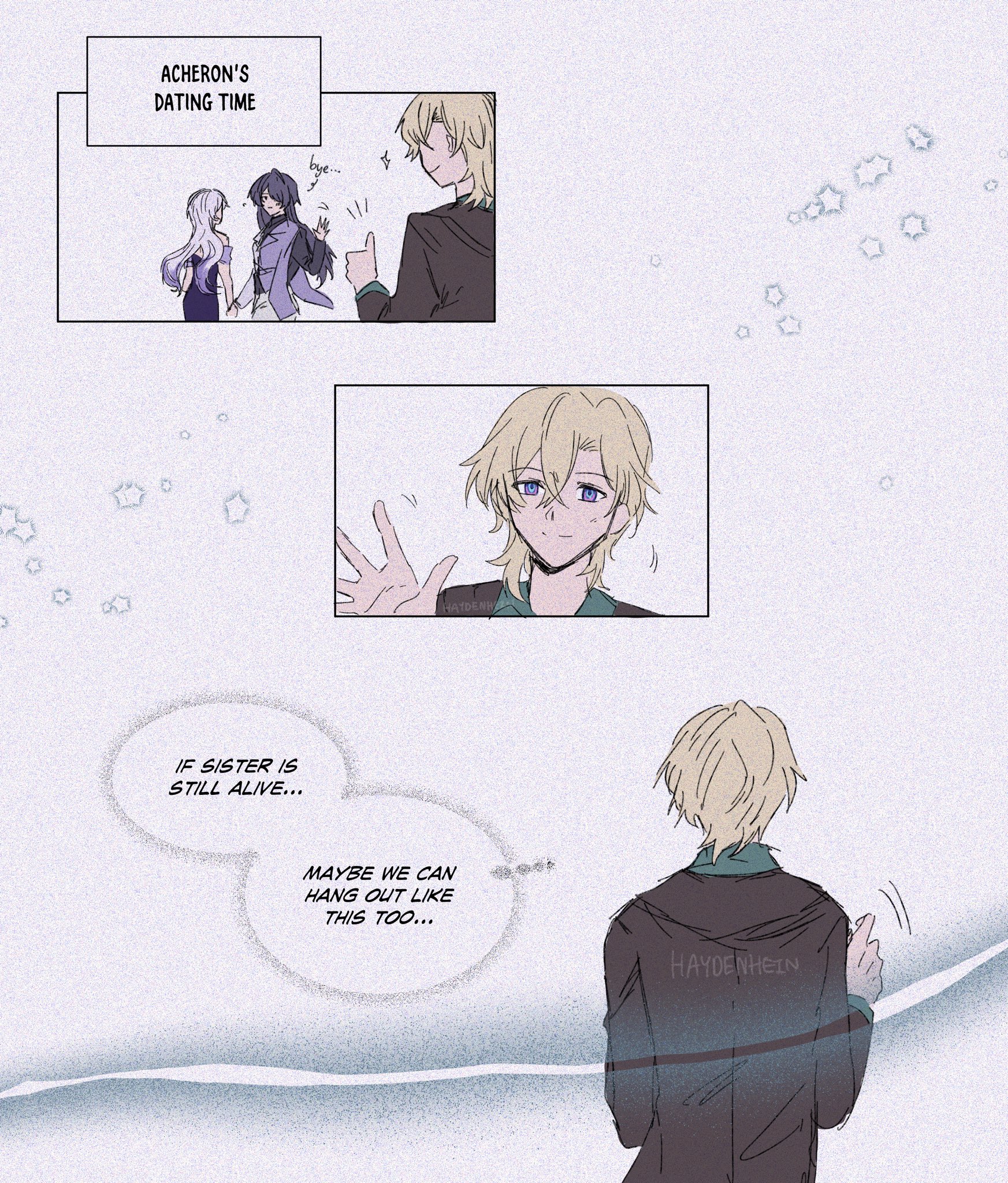 the image is from an anime or manga. it shows four characters with blond and purple hair. the three characters on the left are a man and two women, who are talking. the character on the right is a boy with blond hair. he is smiling and thinking about his sister, who is still alive. the image suggests a positive and hopeful message about family and relationships. the background is a light blue with stars, which adds to the romantic and dreamy atmosphere.