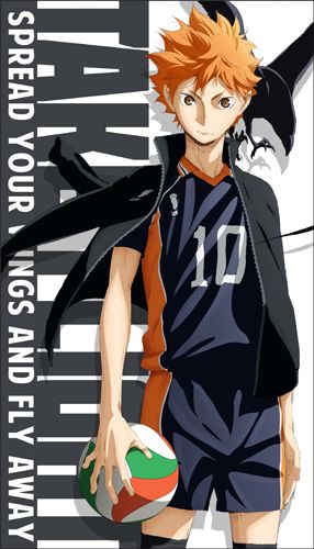 the image is an anime illustration of a young male volleyball player wearing a black and orange jersey with the number 10 on it. he's holding a volleyball in his right hand and is midjump, with his right arm extended out to the side. the background is a white and black checkered pattern with the words "spread your wings and fly away" written down the left side of the image.  the character appears to be in motion and ready to make a powerful serve or spike. the colors of the image are vivid and bright,  giving it an energetic and exciting feel.