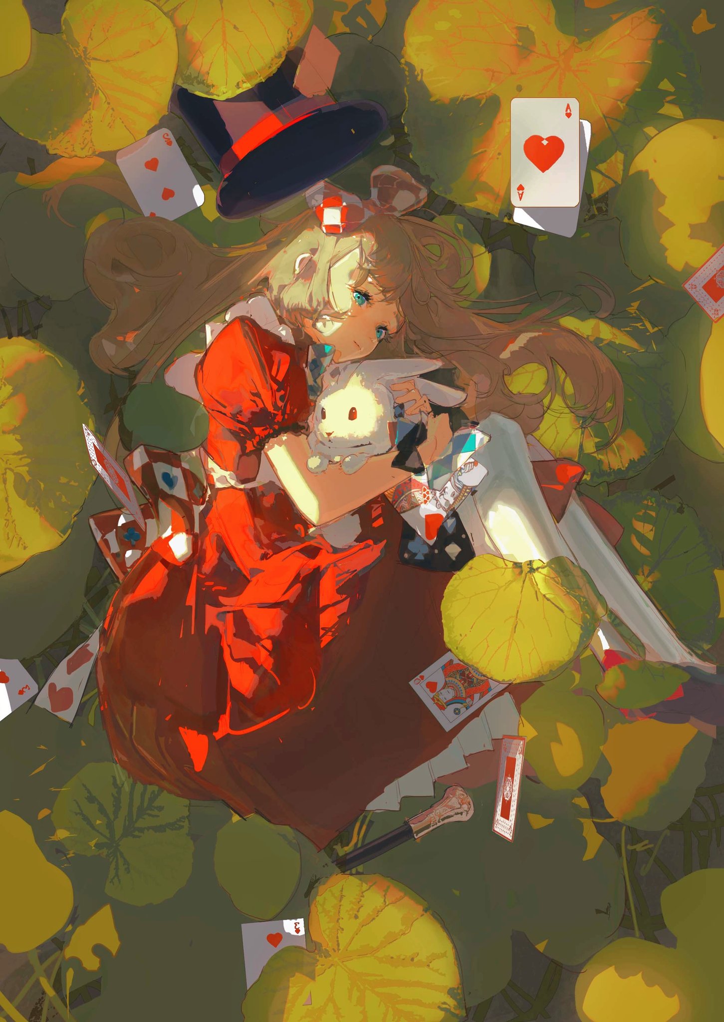 this is a digital illustration of an anime girl laying down on a bed of green leaves and yellow flowers. she has her arms wrapped around a white rabbit doll and has a red dress with a white apron on. she has a black hat that is laying behind her, and her hair is long and blonde. she is surrounded by playing cards that have hearts and aces on them. the background is a mix of green and yellow leaves and flowers. the art style is very colorful and detailed, and the overall feeling is whimsical and magical.