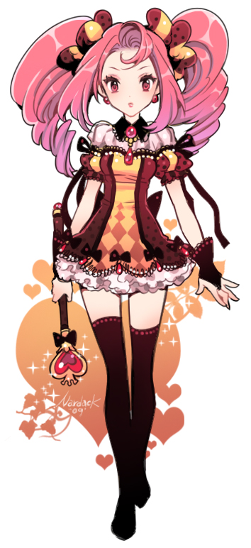 the image depicts a single female anime character drawn in a colorful, whimsical style reminiscent of magical girl anime. she has large pink and purple twintails, large pink eyes, and is wearing an elaborate frilly dress incorporating black, yellow, and pink with heart motifs. she holds a wand tipped with a heart in her right hand. the background is white with stylized pink hearts and sparkling accents concentrated around the figure. the overall aesthetic is bright, playful, and energetic.