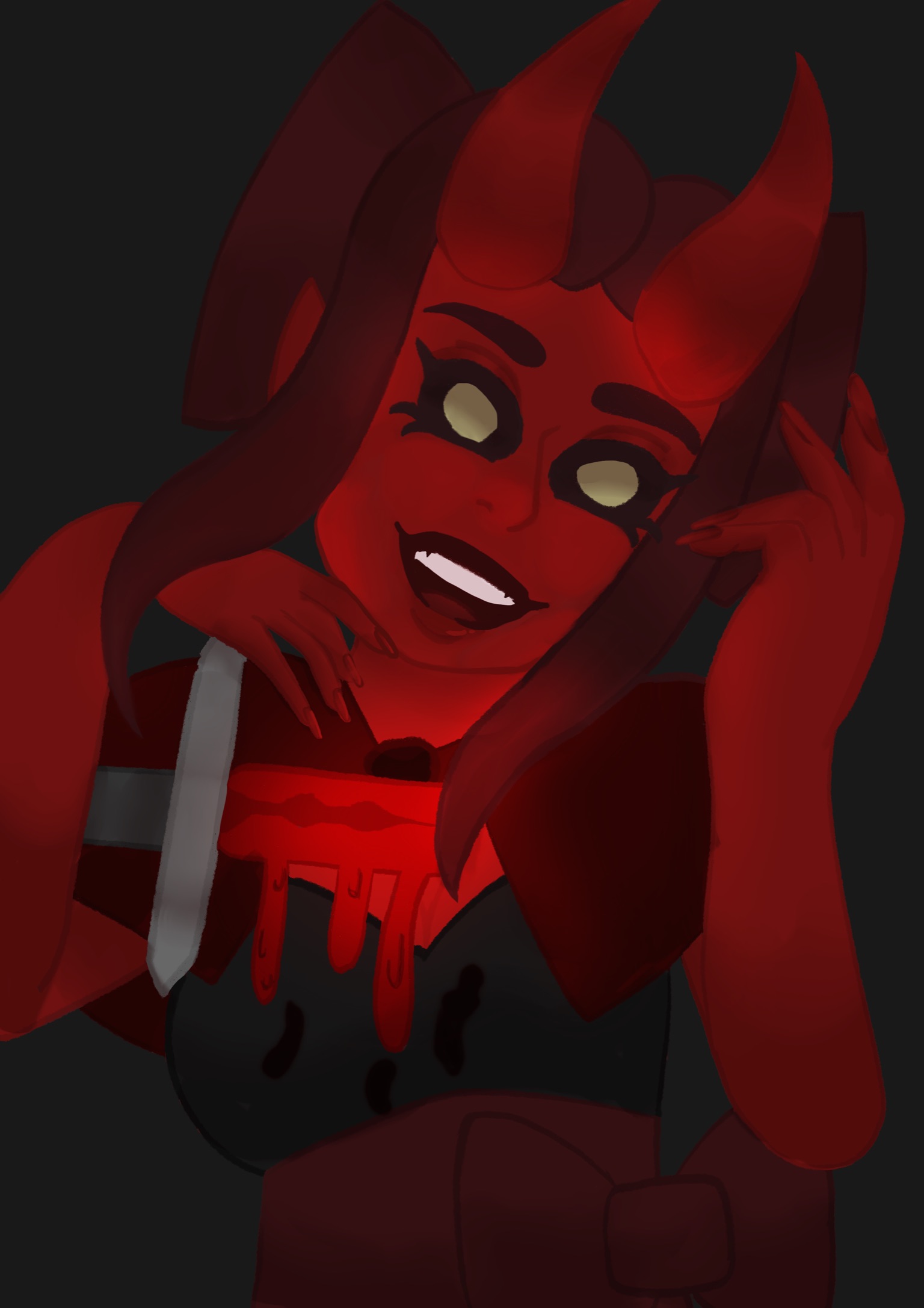 the image is a digital painting of a stylized demon girl.  she has red skin, horns, and long red hair. her expression is a sinister smile, and she has a large bloody wound or injury across her chest, from which blood is dripping.  she appears to be holding her hands near her face, partly obscuring her features.  the background is dark and shadowy, enhancing the overall creepy and dark atmosphere. the art style is somewhat cartoonish but with a focus on darker, more unsettling elements. the overall impression is a blend of cute and disturbing.