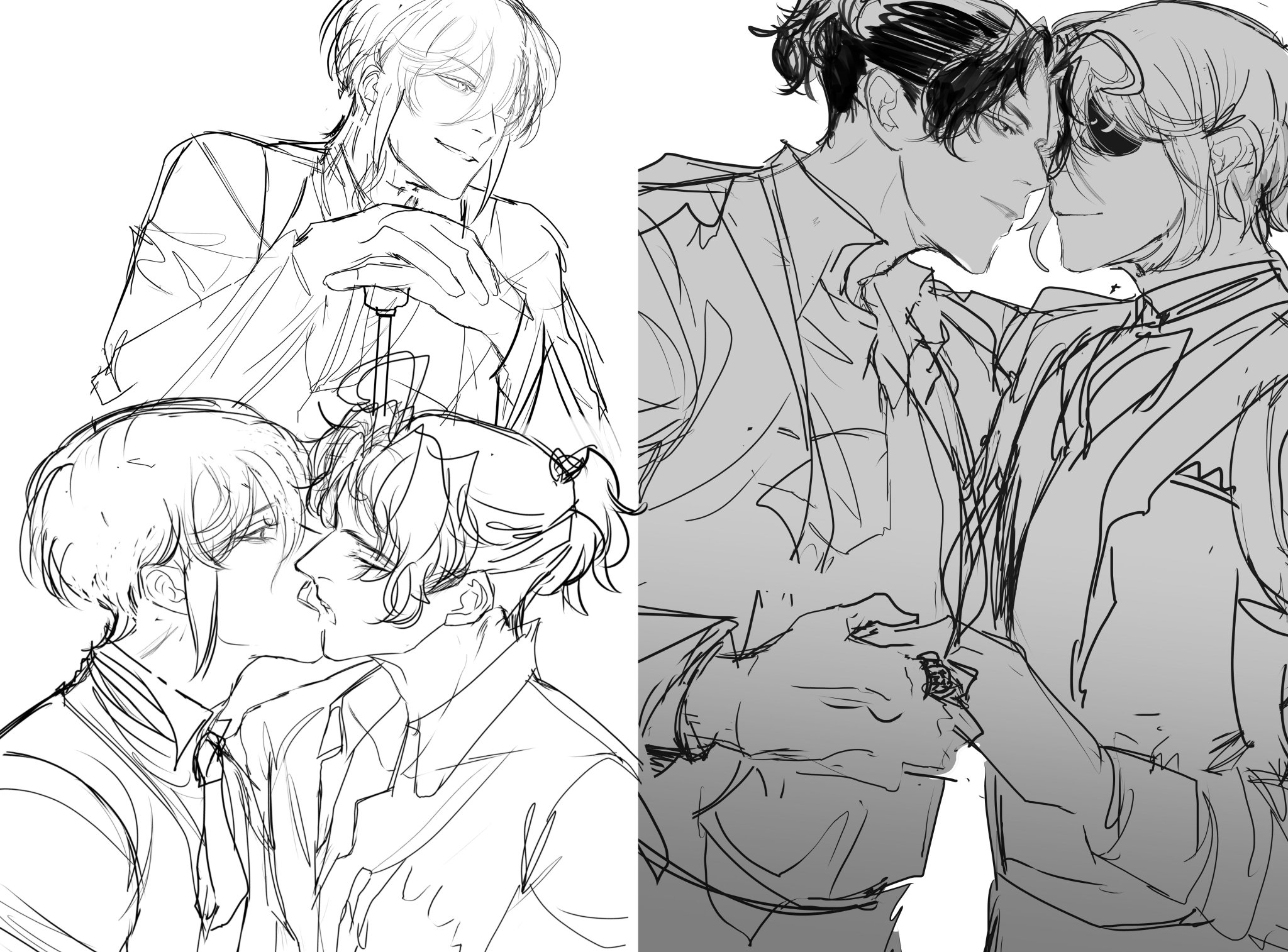 this is a sketch of two animestyle men, both in suits,