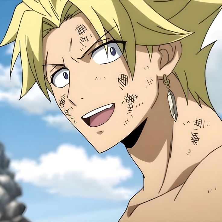 the image shows a young anime male character with blonde hair and blue eyes. he is smiling happily with his eyes closed. he has scratches and dirt on his face, which suggests he has been in a fight or battle. he is likely a protagonist or a hero. his confident and cheerful expression suggests he has won the fight.
