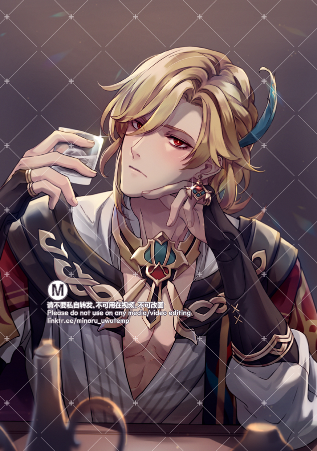 this image is a digital illustration of a male anime character with blond hair and blue eyes. he is wearing black gloves, a white shirt, and a red and black outfit. he is sitting and drinking from a glass with a red jewel ring on his finger. the background is a blurred image of a brown and white pattern. the art style is anime and the image is a portrait of the character.