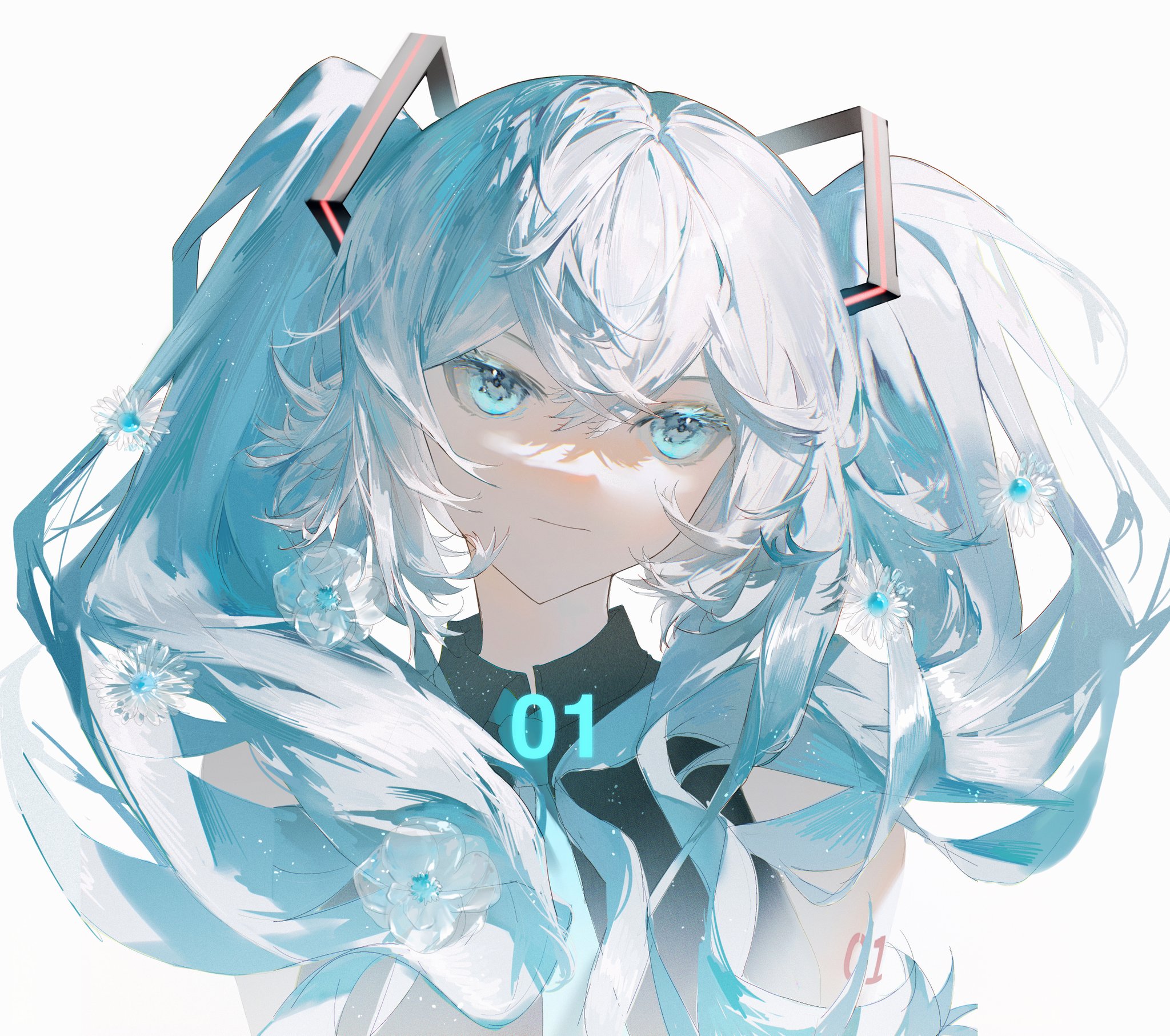 the image is a stylized digital fanart depicting a character resembling hatsune miku.  she has long, flowing twintails of hair that are a blend of white and light blue hues.  small, light blue flowers are interspersed throughout her hair.  her eyes are a striking bright blue, and her expression is serious but not unfriendly. she wears a dark top with the number "01" prominently displayed and what appear to be futuristiclooking hair accessories. the overall style is soft yet vibrant, with a focus on the flowing hair and the character's expressive eyes. the background is simple white, drawing attention solely to the character.