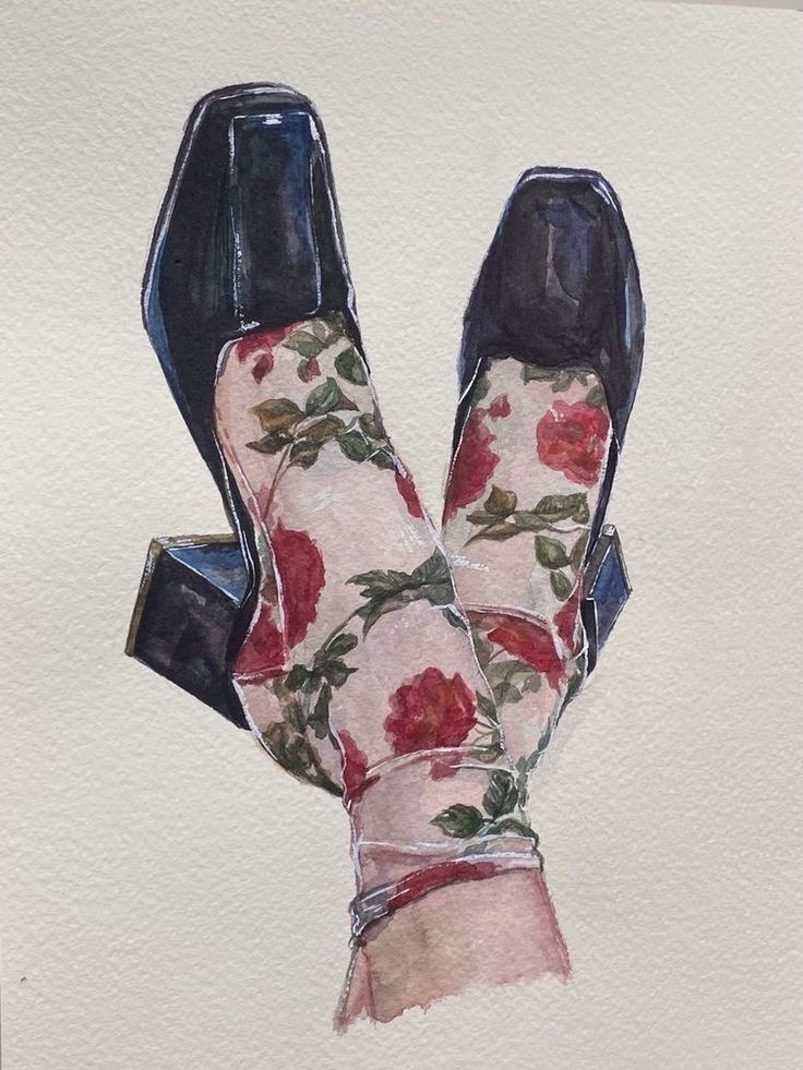 watercolor painting of a pair of black heels worn with floral socks. the socks feature red roses, green leaves, and a light pink background. the shoes are low heels with a squared toe. the image is painted on white watercolor paper.
