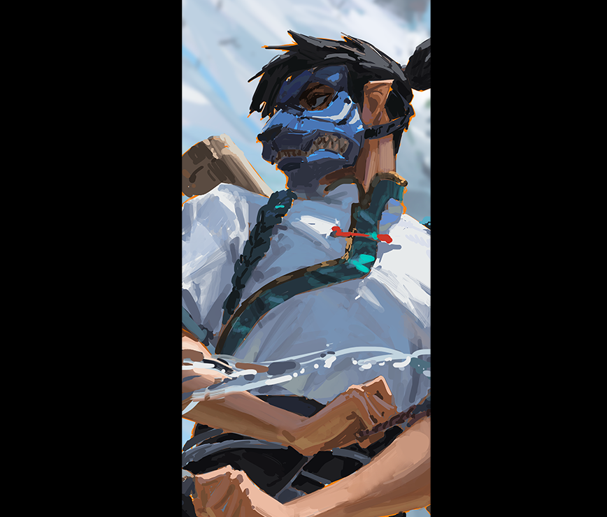 a dynamic digital painting of a valorant character, possibly inspired by anime, wearing a blue oni mask and traditionalstyle clothing. the character appears to be holding a weapon and is surrounded by a water splash effect, suggesting action or a battle scene. the art style is painterly and expressive, with visible brushstrokes and a focus on atmosphere. the background is blurred, focusing attention on the character.